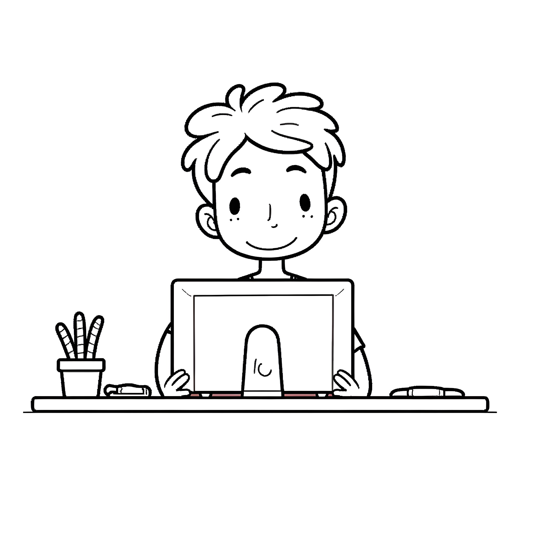 Dom using a computer happily Coloring Page (free black-and-white line drawing printable PDF for all, from beginners to advanced learners, including children, teens, adults, and seniors)