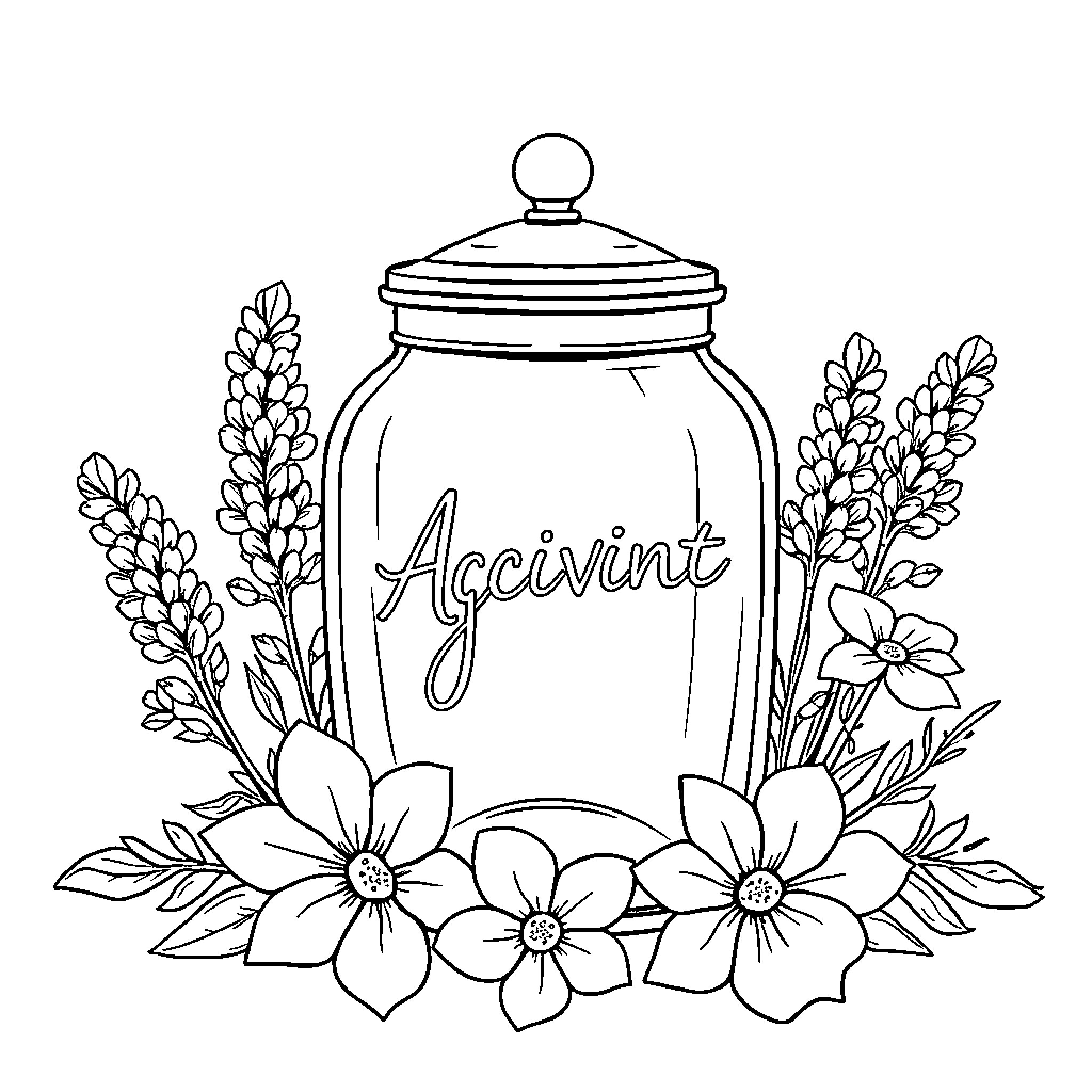 Achievement Jar Surrounded by Floral Decorations Coloring Page (free black-and-white line drawing printable PDF for all, from beginners to advanced learners, including children, teens, adults, and seniors)