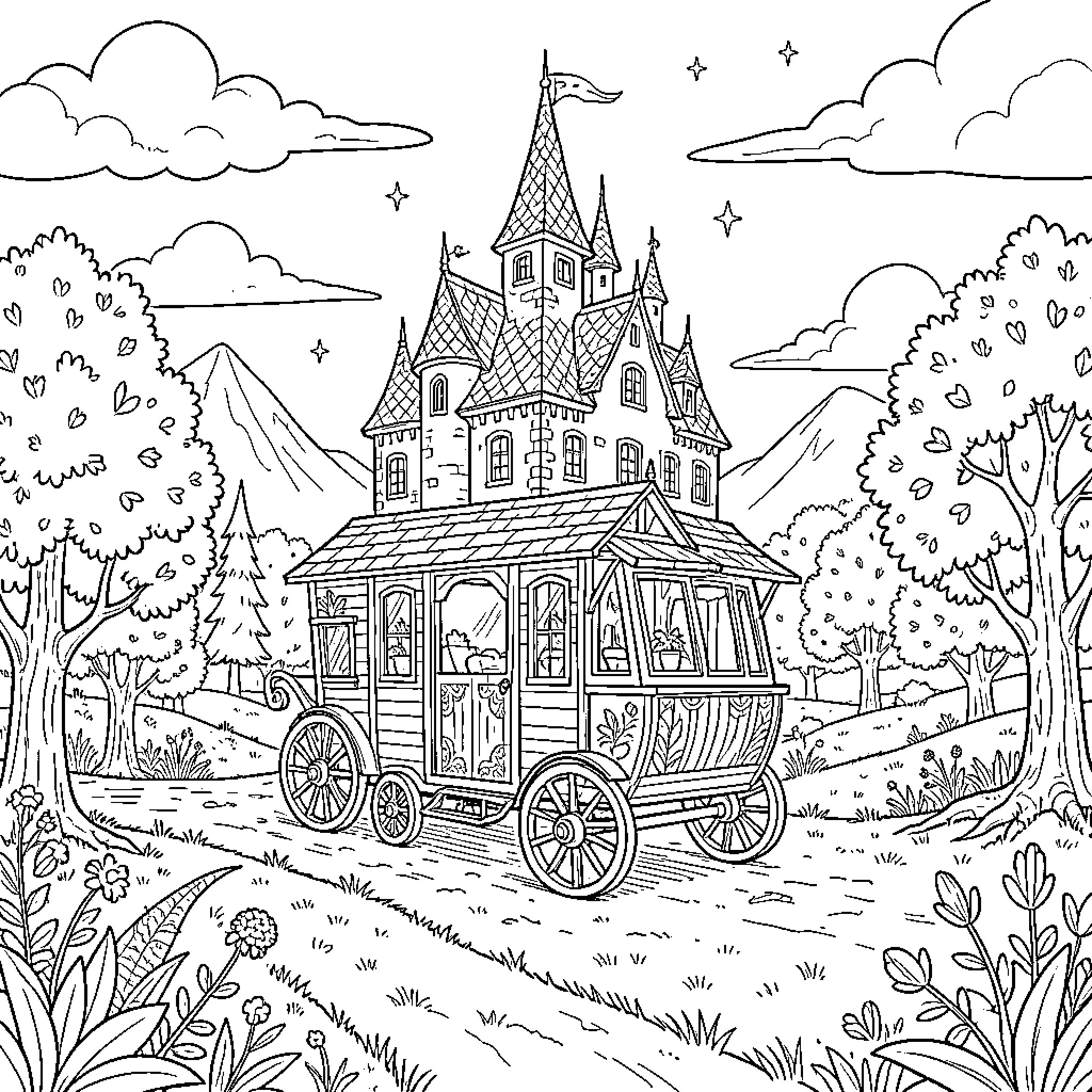 Castle atop a traveling wagon in a landscape Coloring Page (free black-and-white line drawing printable PDF for all, from beginners to advanced learners, including children, teens, adults, and seniors)