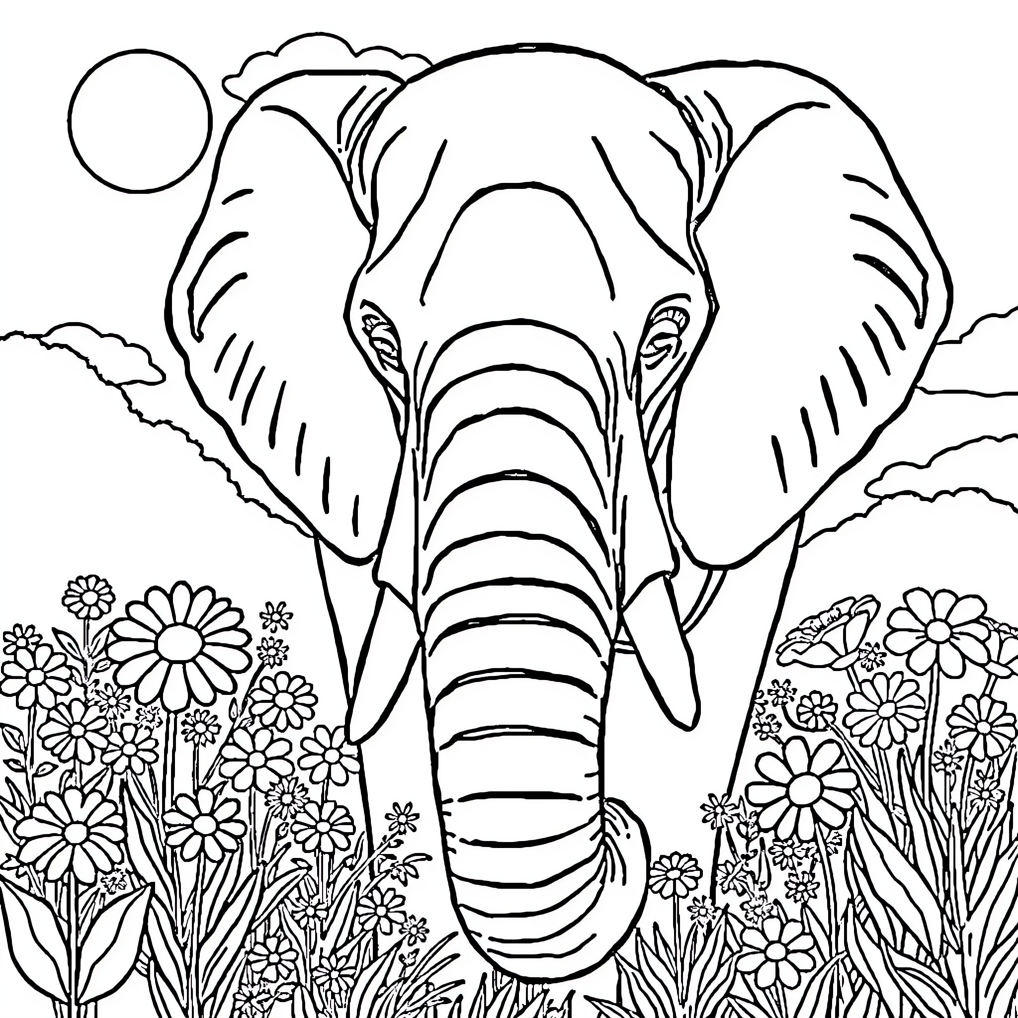 Elephant in a Flowery Meadow Coloring Page (free black-and-white line drawing printable PDF for all, from beginners to advanced learners, including children, teens, adults, and seniors)