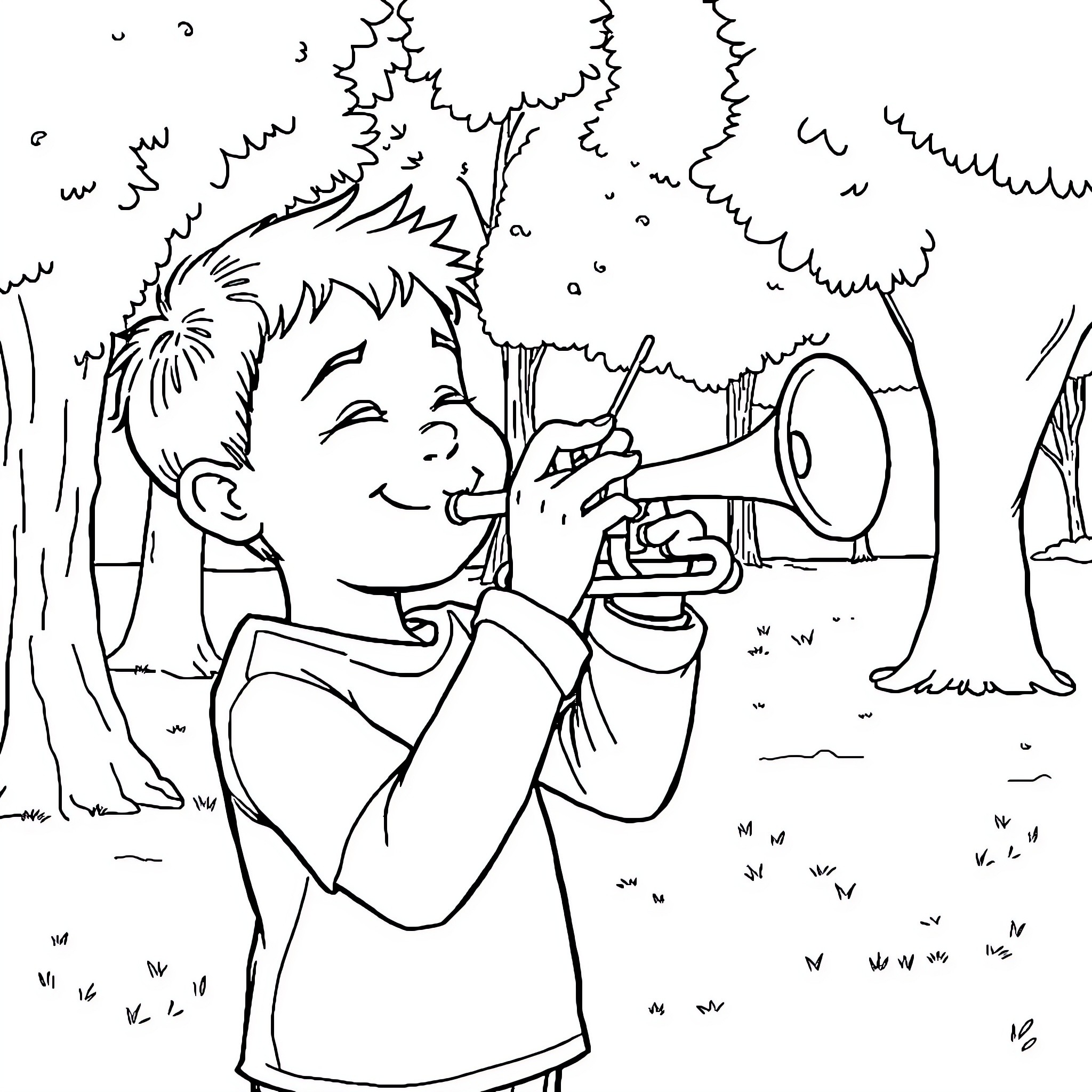 Kid blowing a horn in the forest Coloring Page (free black-and-white line drawing printable PDF for all, from beginners to advanced learners, including children, teens, adults, and seniors)
