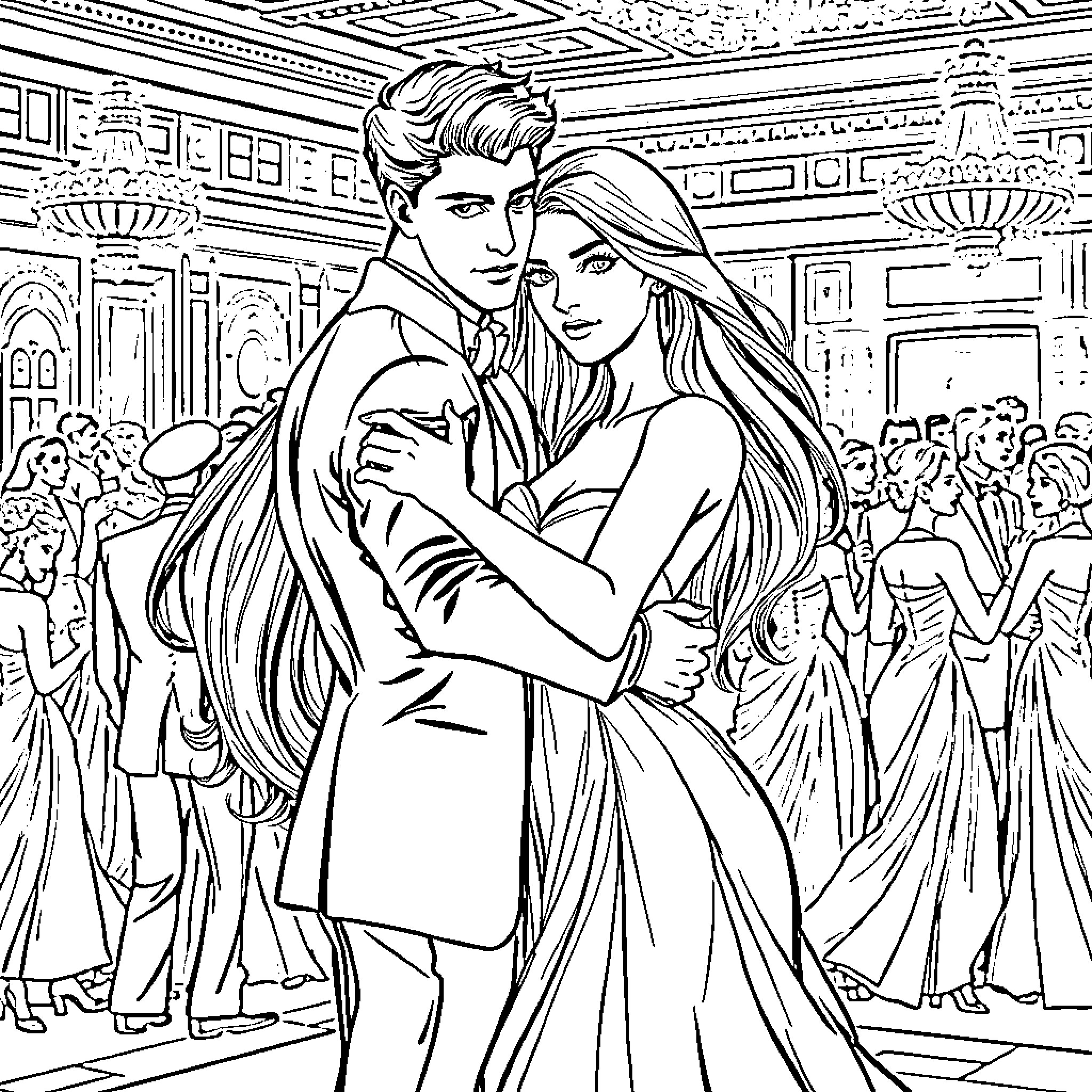 Woman and man embracing at a formal event Coloring Page (free black-and-white line drawing printable PDF for all, from beginners to advanced learners, including children, teens, adults, and seniors)