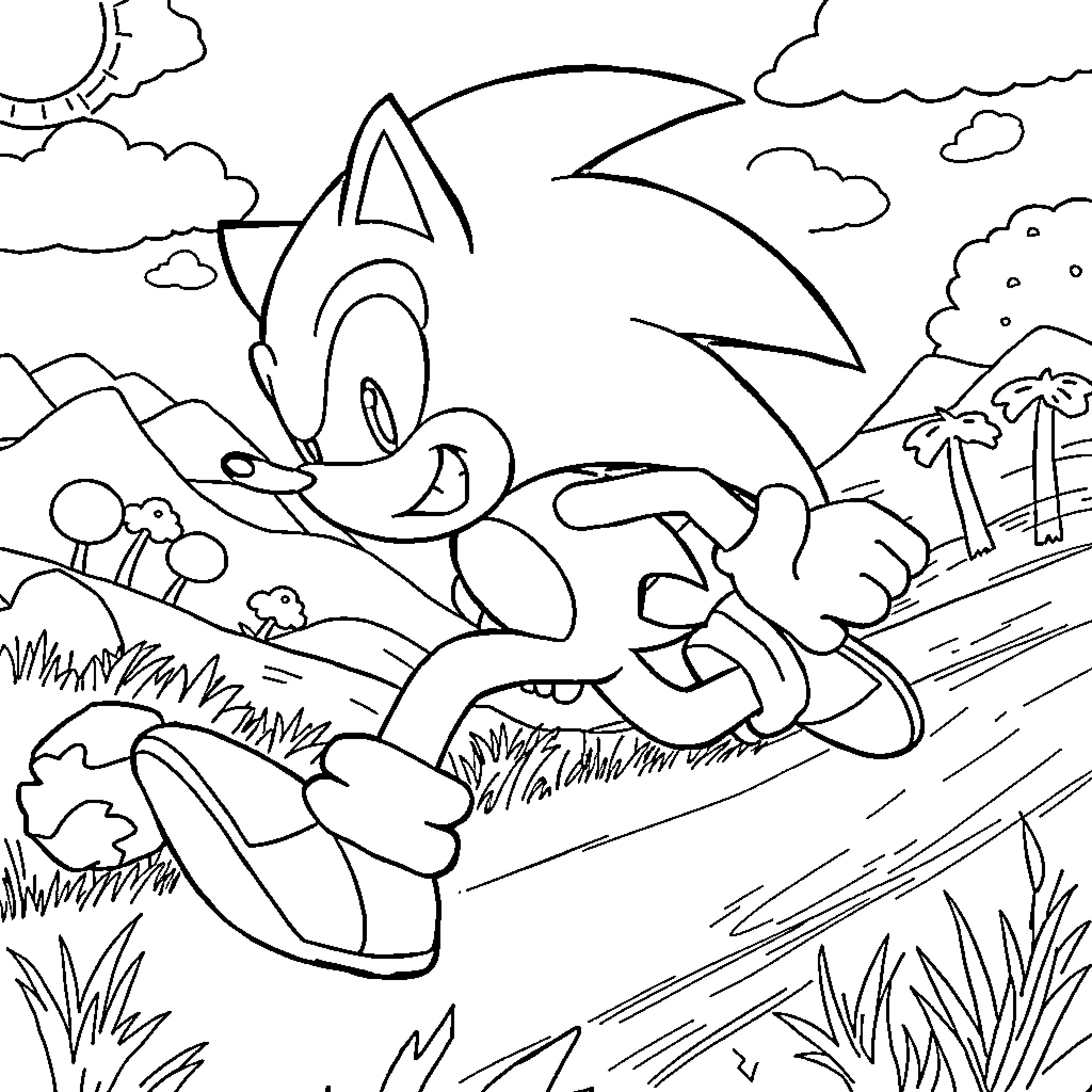 Sonic in a Lively Outdoor Adventure Coloring Page (free black-and-white line drawing printable PDF for all, from beginners to advanced learners, including children, teens, adults, and seniors)