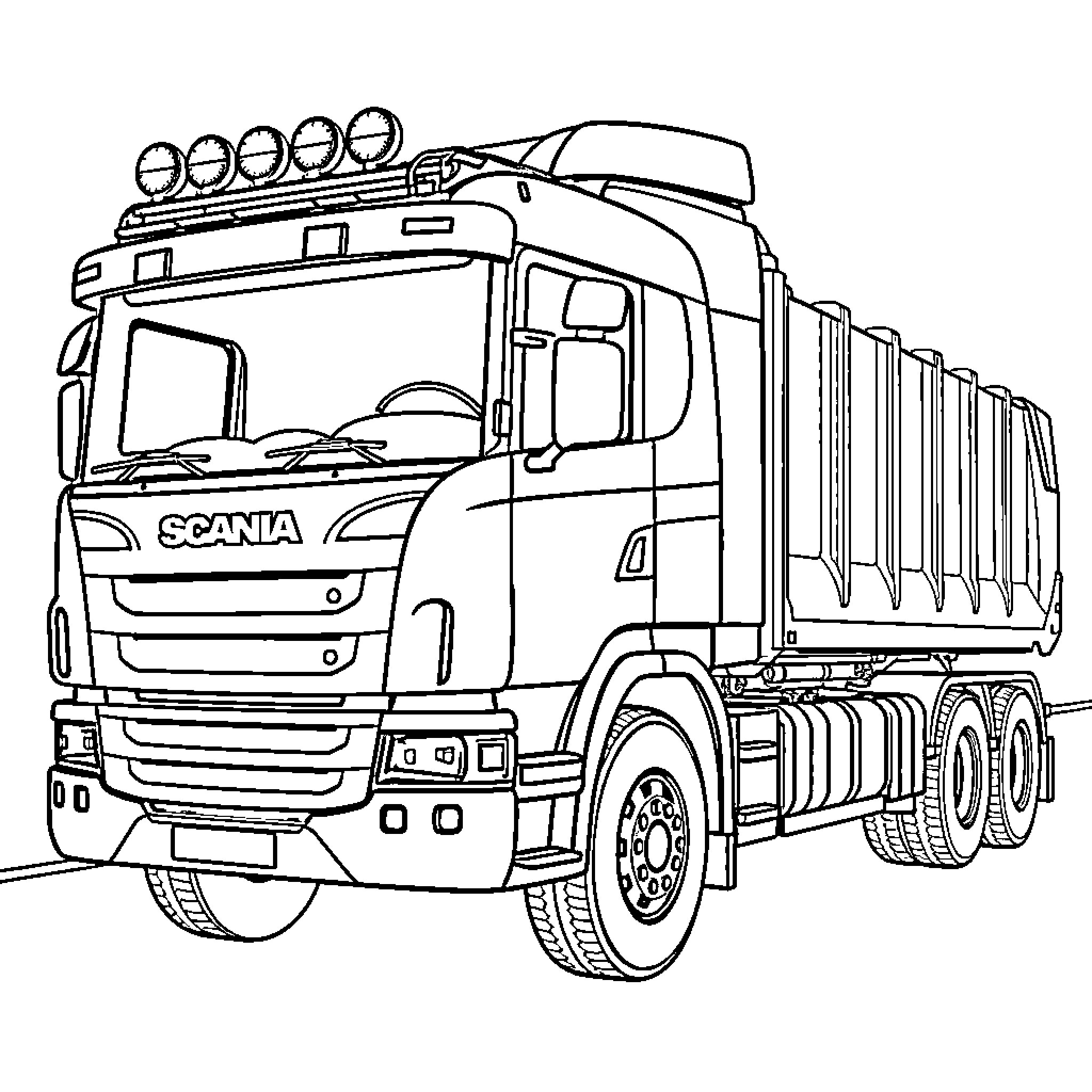 Scania Truck transporting cargo Coloring Page (free black-and-white line drawing printable PDF for all, from beginners to advanced learners, including children, teens, adults, and seniors)