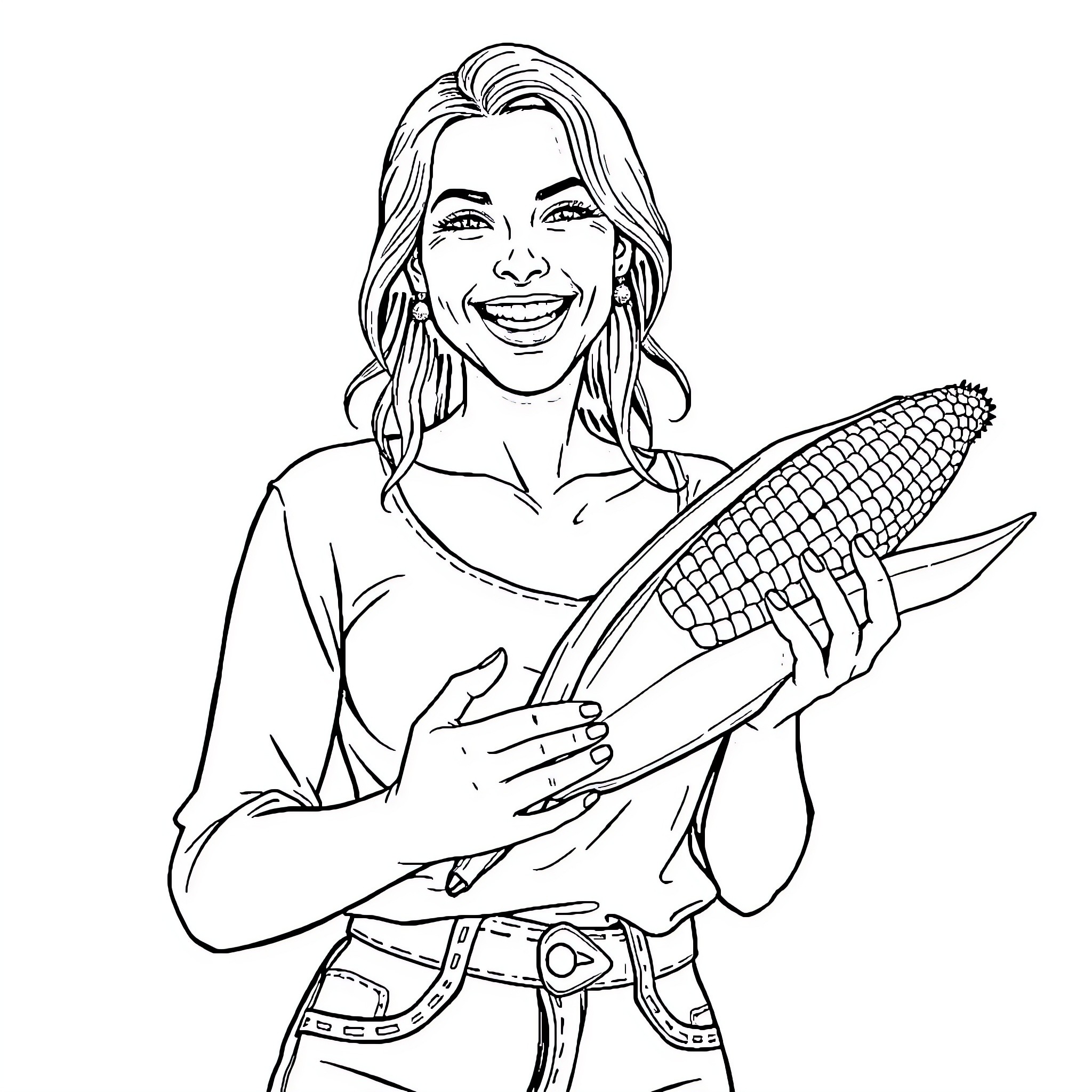 Mommy enjoying corn on the cob with joy Coloring Page (free black-and-white line drawing printable PDF for all, from beginners to advanced learners, including children, teens, adults, and seniors)