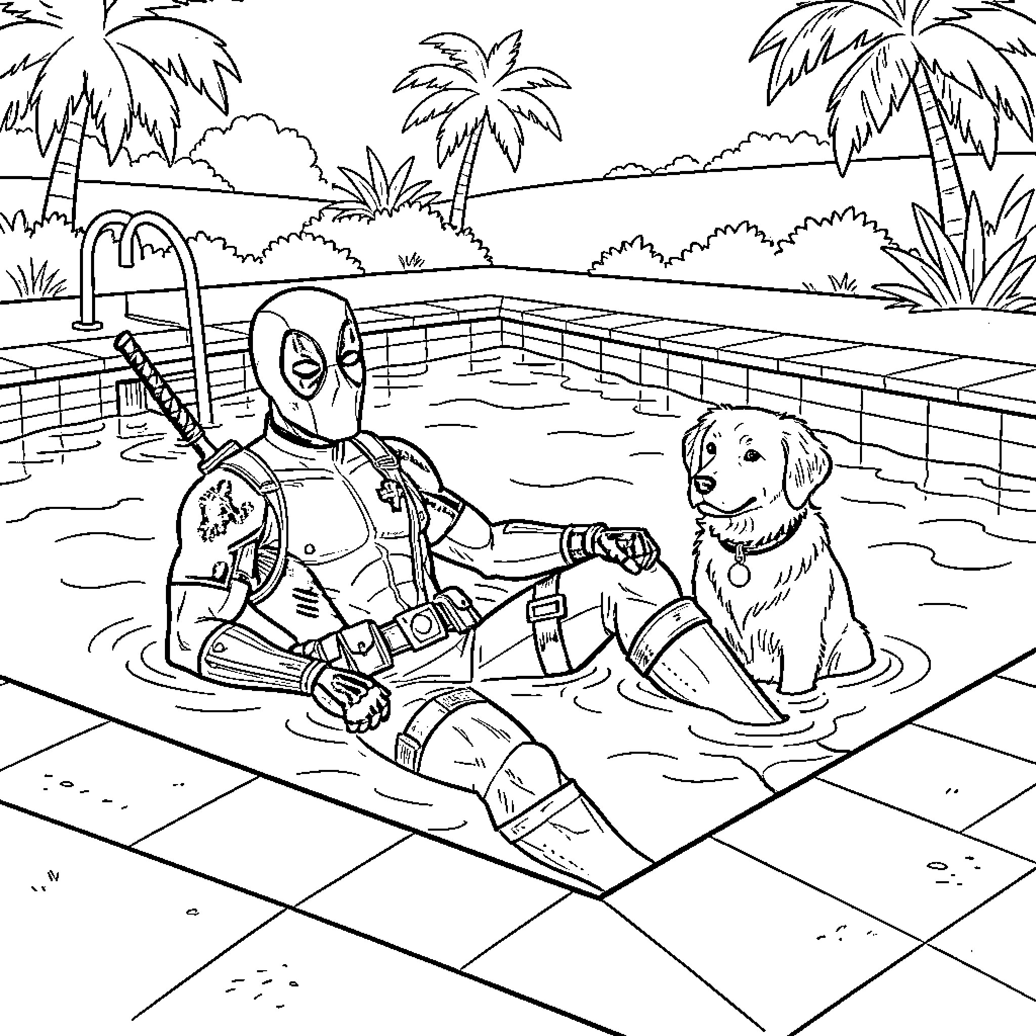 Deadpool relaxing in a swimming pool with a dog Coloring Page (free black-and-white line drawing printable PDF for all, from beginners to advanced learners, including children, teens, adults, and seniors)