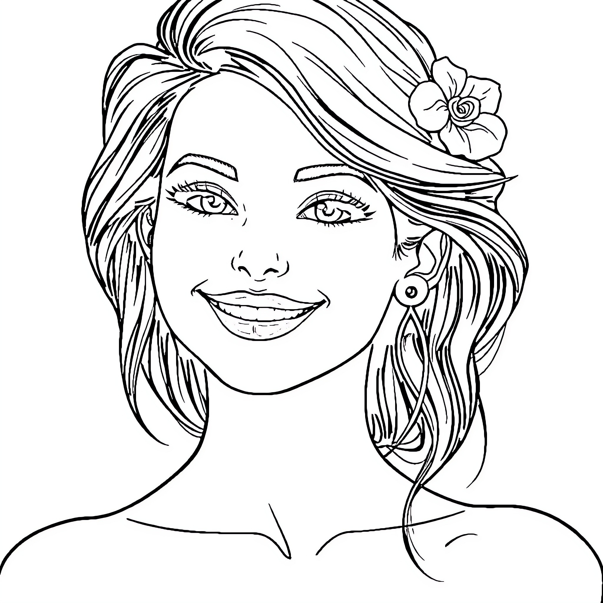 Girl with floral hair accessory and cheerful expression Coloring Page (free black-and-white line drawing printable PDF for all, from beginners to advanced learners, including children, teens, adults, and seniors)
