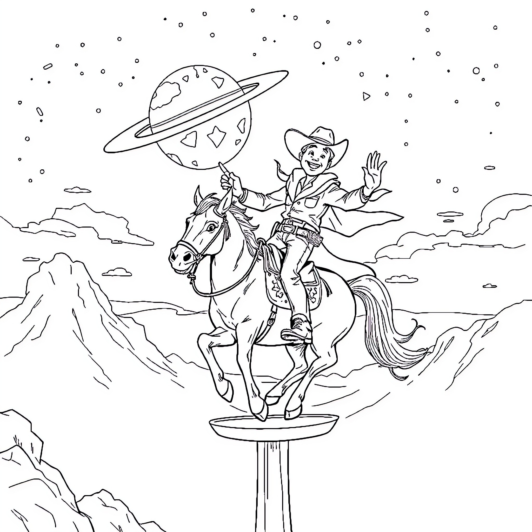 Cowboy riding horse into the cosmic night Coloring Page (free black-and-white line drawing printable PDF for all, from beginners to advanced learners, including children, teens, adults, and seniors)