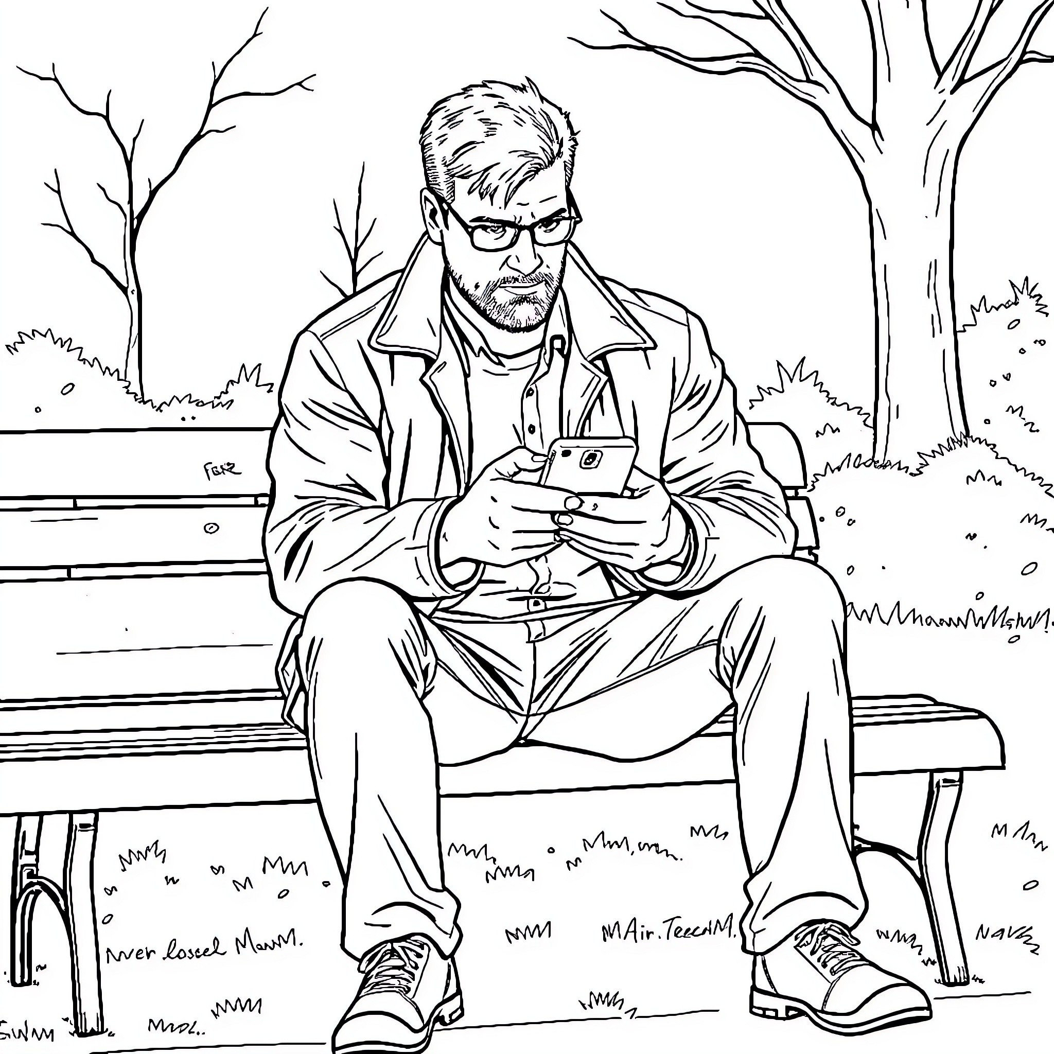 Gibbs relaxing alone on a park bench Coloring Page (free black-and-white line drawing printable PDF for all, from beginners to advanced learners, including children, teens, adults, and seniors)