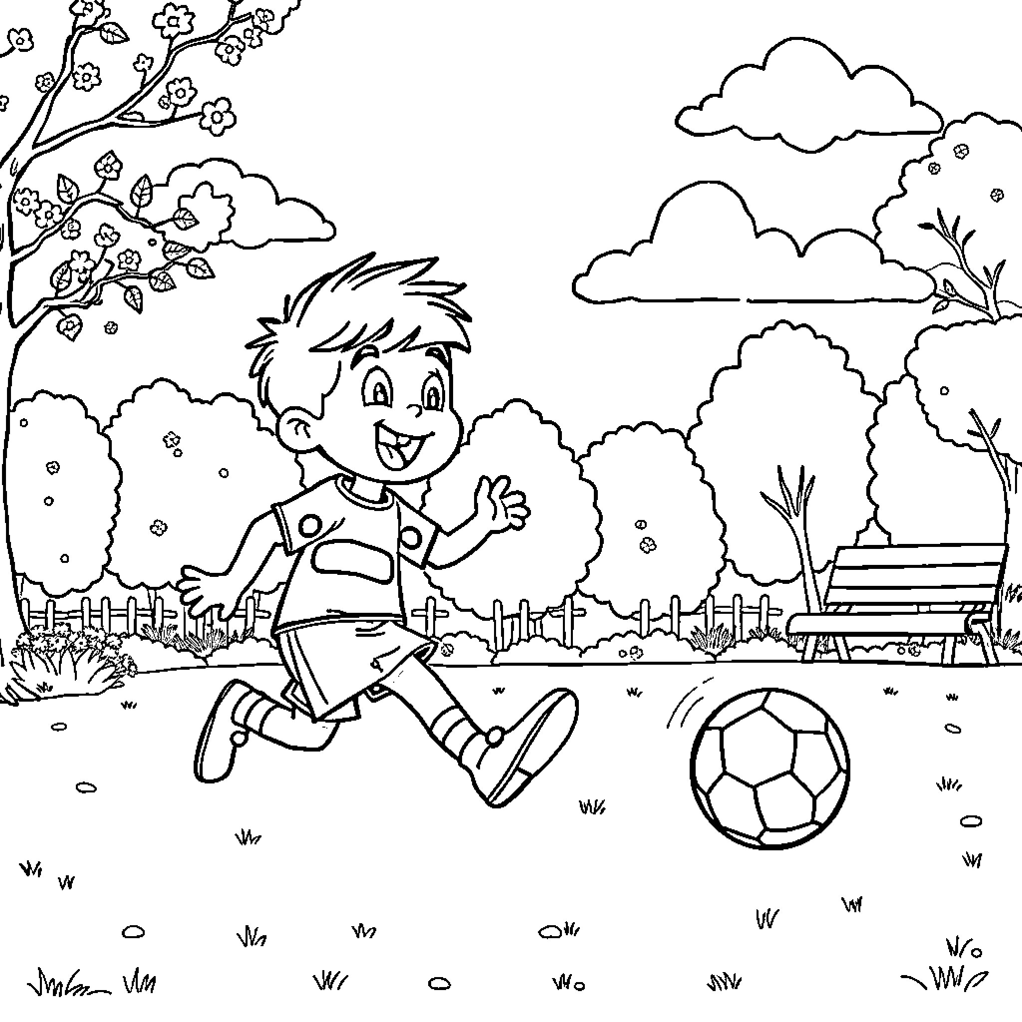 Pelota - Boy playing with soccer ball in the park Coloring Page (free black-and-white line drawing printable PDF for all, from beginners to advanced learners, including children, teens, adults, and seniors)
