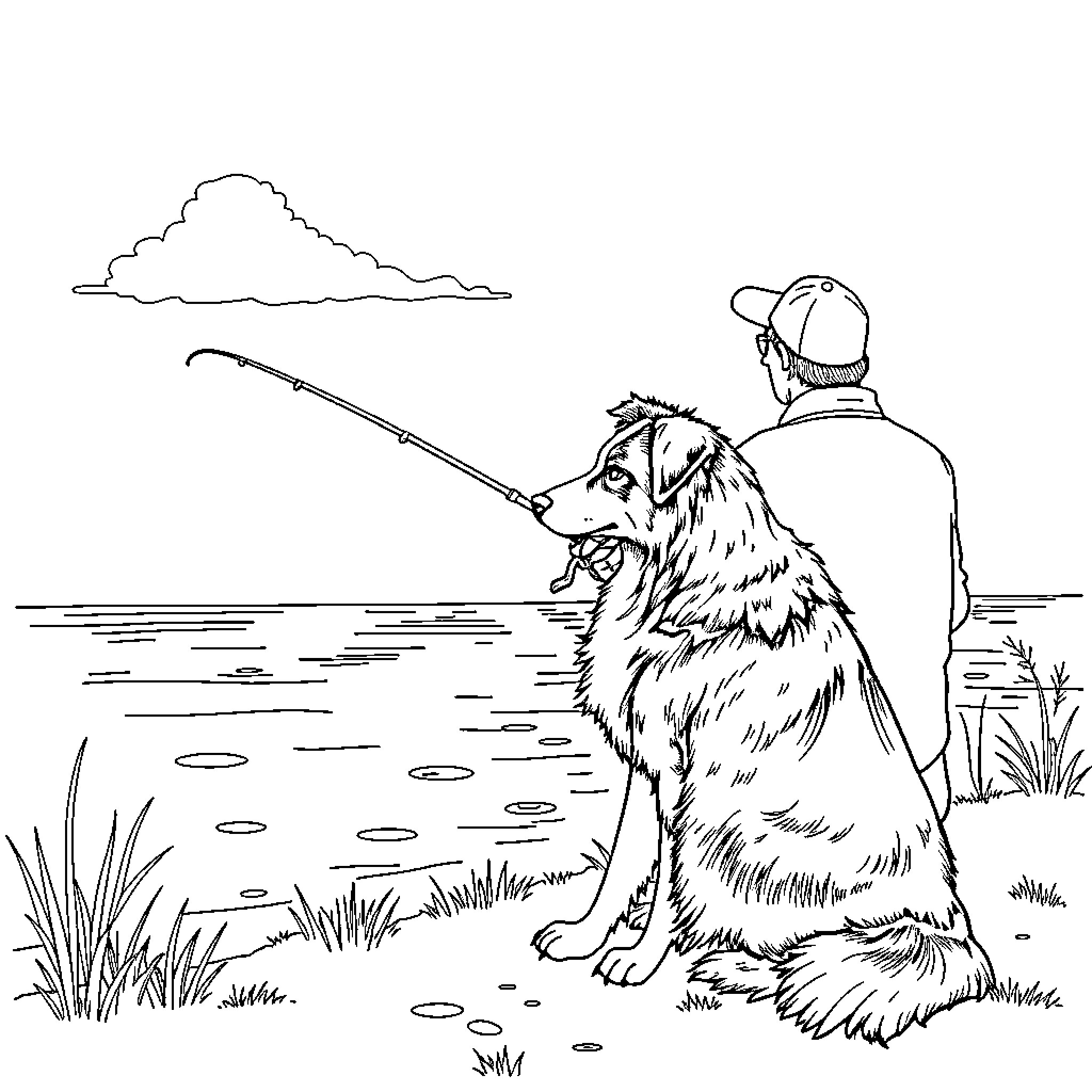 Australian Shepherd accompanying fisherman by the lake Coloring Page (free black-and-white line drawing printable PDF for all, from beginners to advanced learners, including children, teens, adults, and seniors)