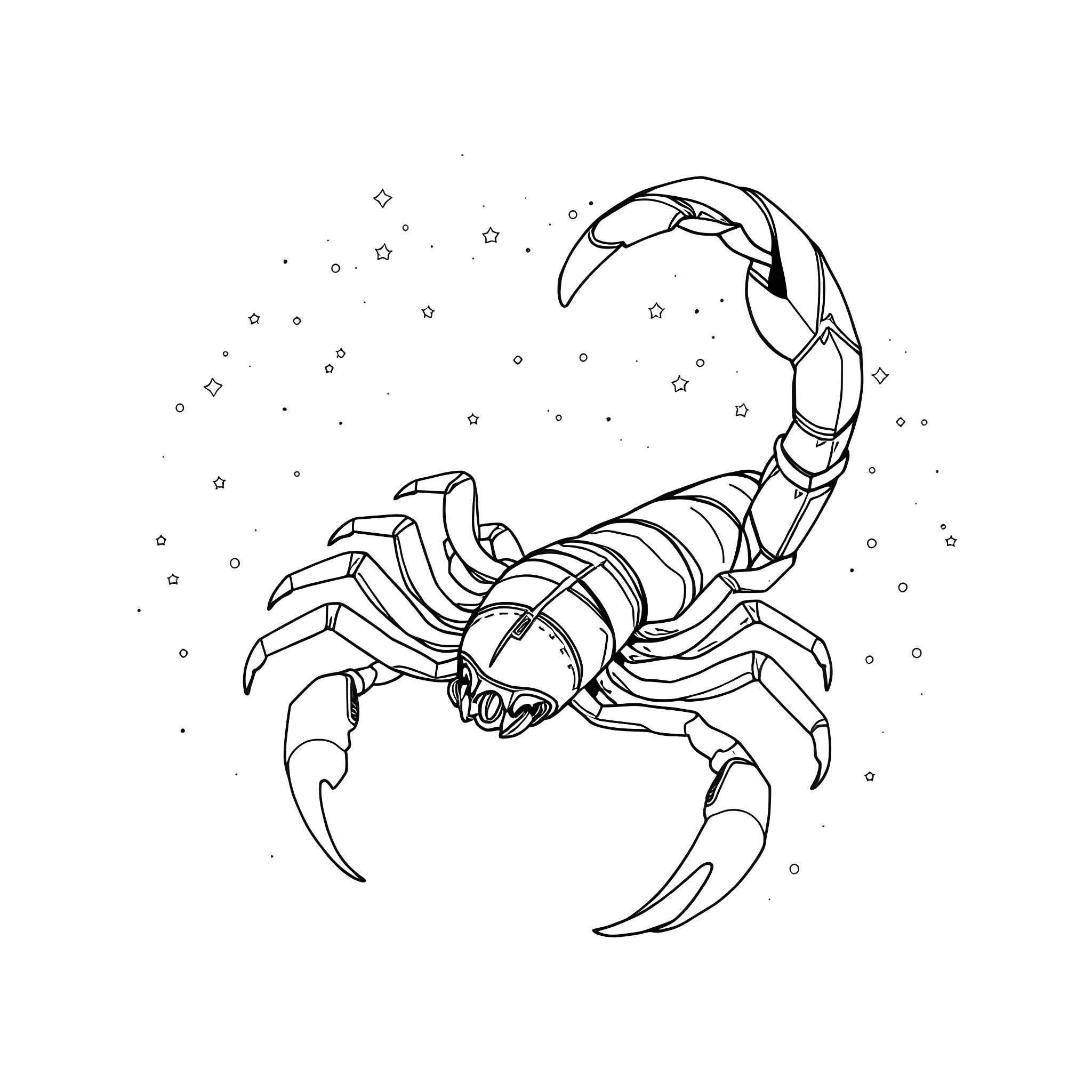 Scorpio under the starry night Coloring Page (free black-and-white line drawing printable PDF for all, from beginners to advanced learners, including children, teens, adults, and seniors)