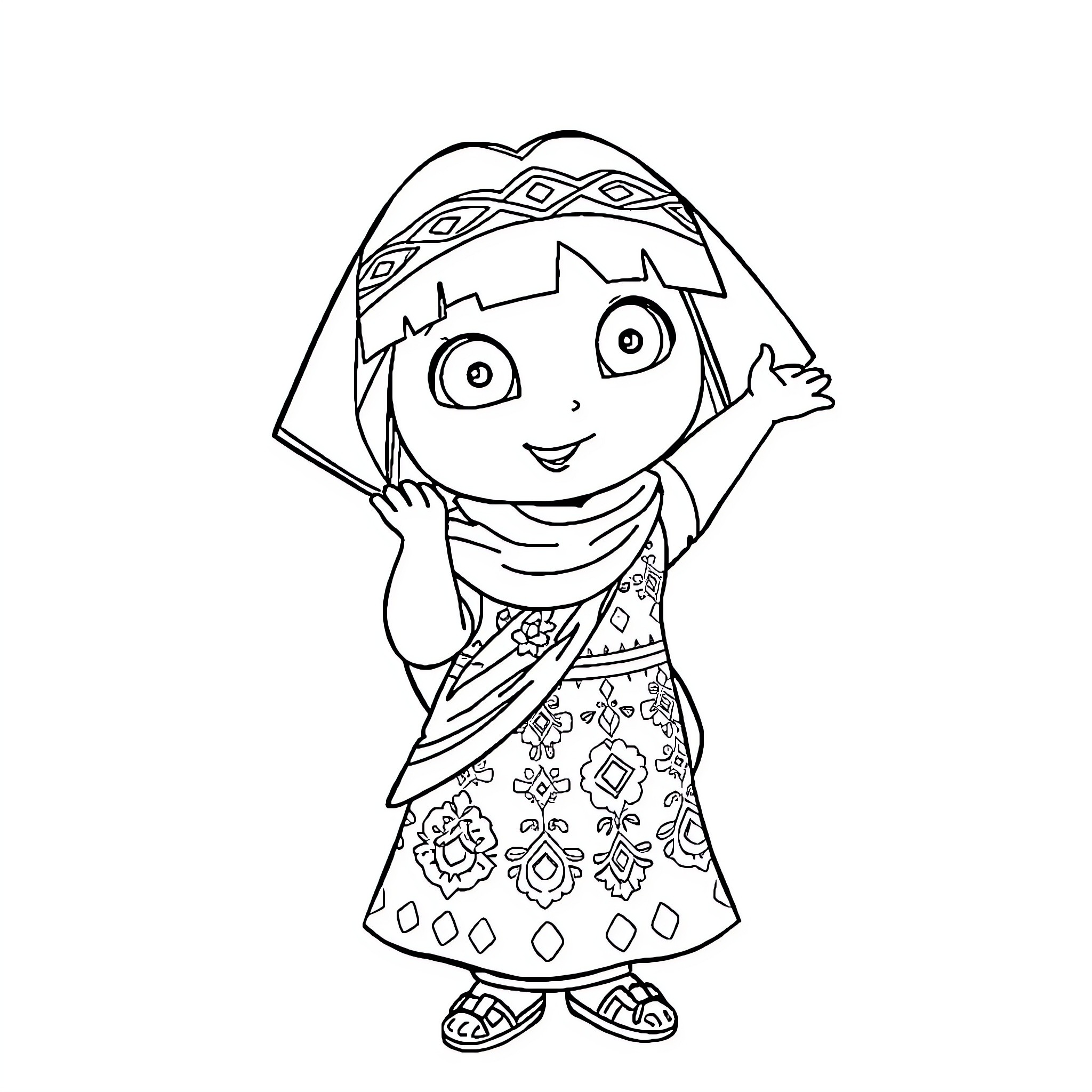 Dora waving and wearing a patterned dress Coloring Page (free black-and-white line drawing printable PDF for all, from beginners to advanced learners, including children, teens, adults, and seniors)
