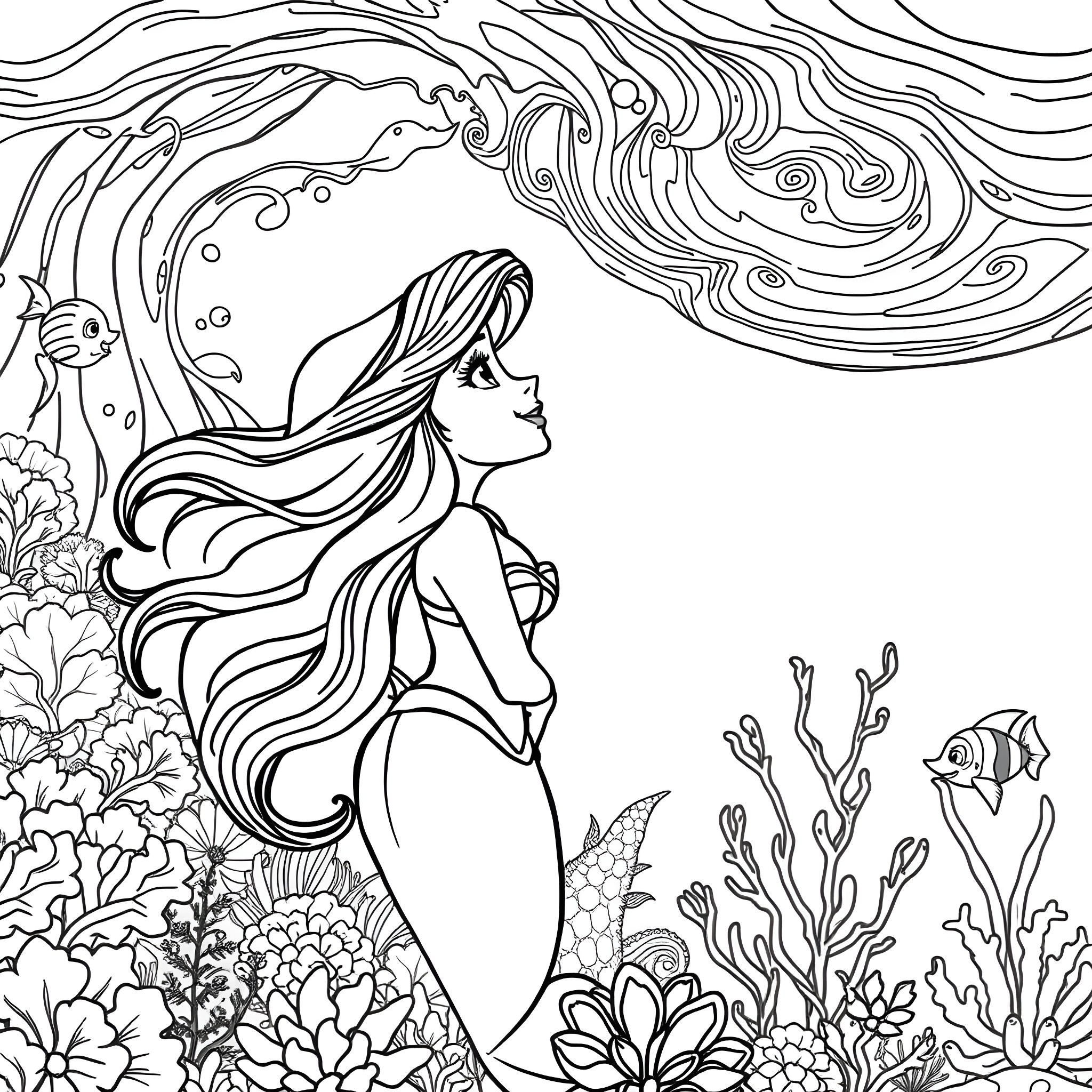 Ariel exploring the vibrant underwater world Coloring Page (free black-and-white line drawing printable PDF for all, from beginners to advanced learners, including children, teens, adults, and seniors)