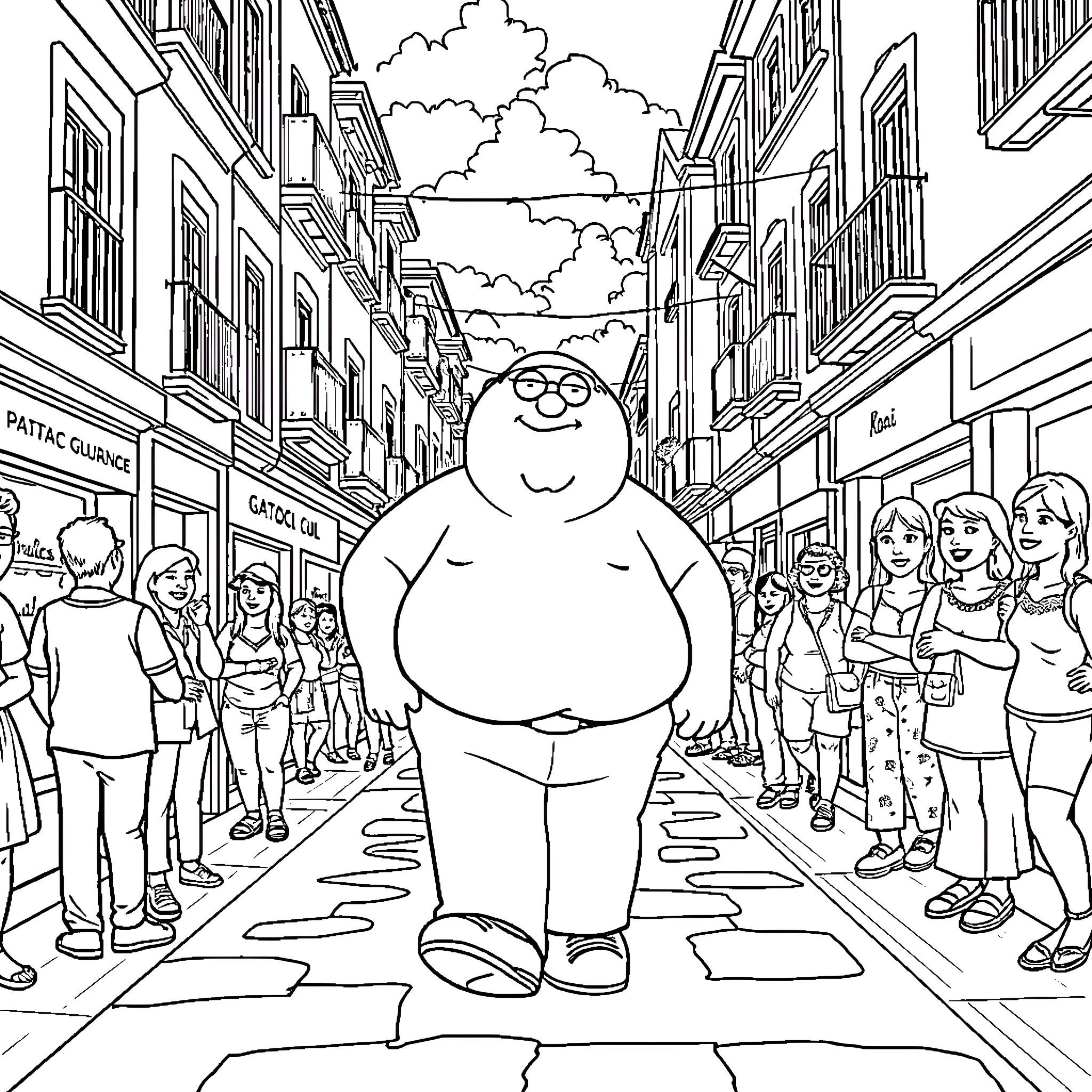 Peter Griffin Stands Proudly in a Bustling City Street Coloring Page (free black-and-white line drawing printable PDF for all, from beginners to advanced learners, including children, teens, adults, and seniors)