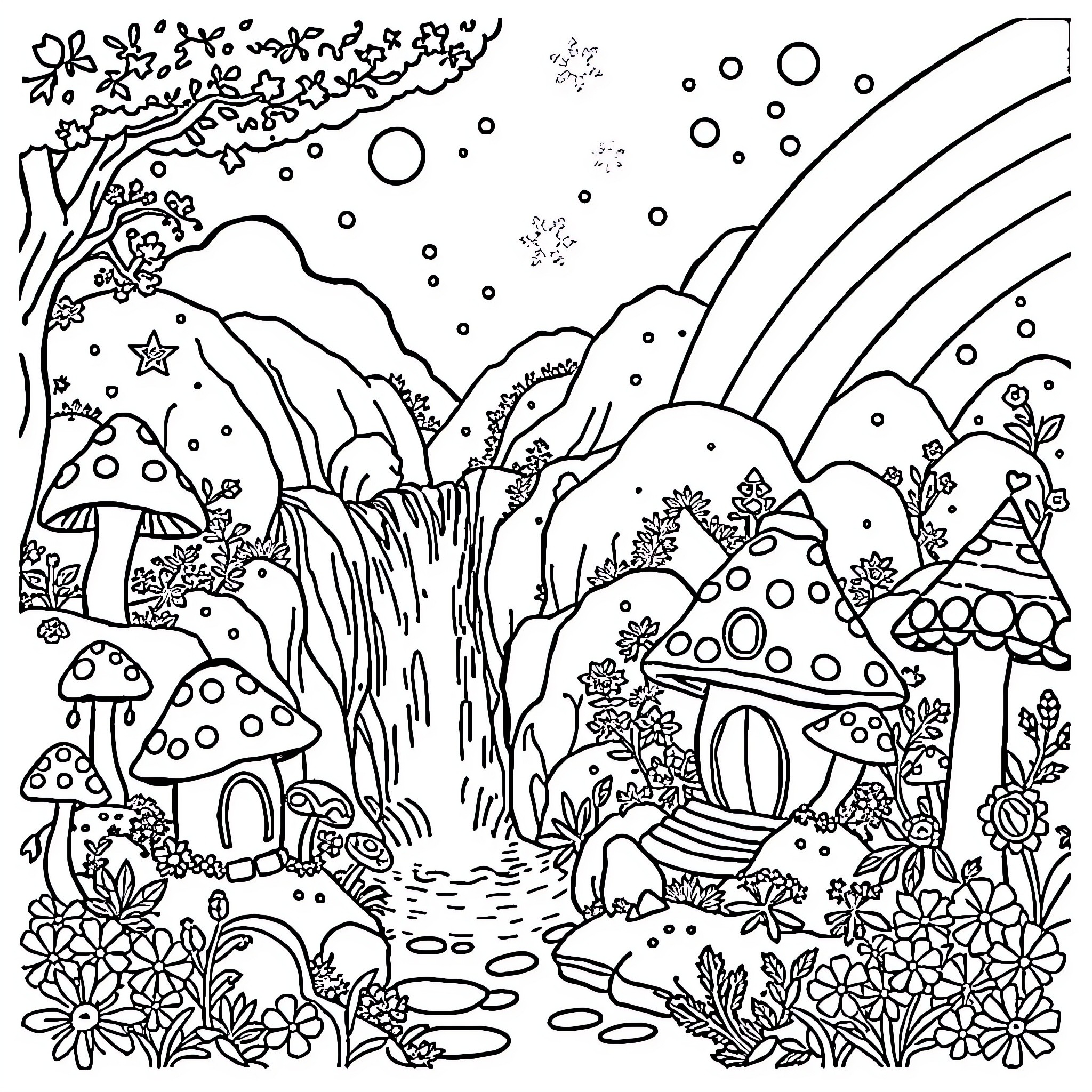 Fairyland of Enchanting Mushroom Dwellings and Whimsical Foliage Coloring Page (free black-and-white line drawing printable PDF for all, from beginners to advanced learners, including children, teens, adults, and seniors)