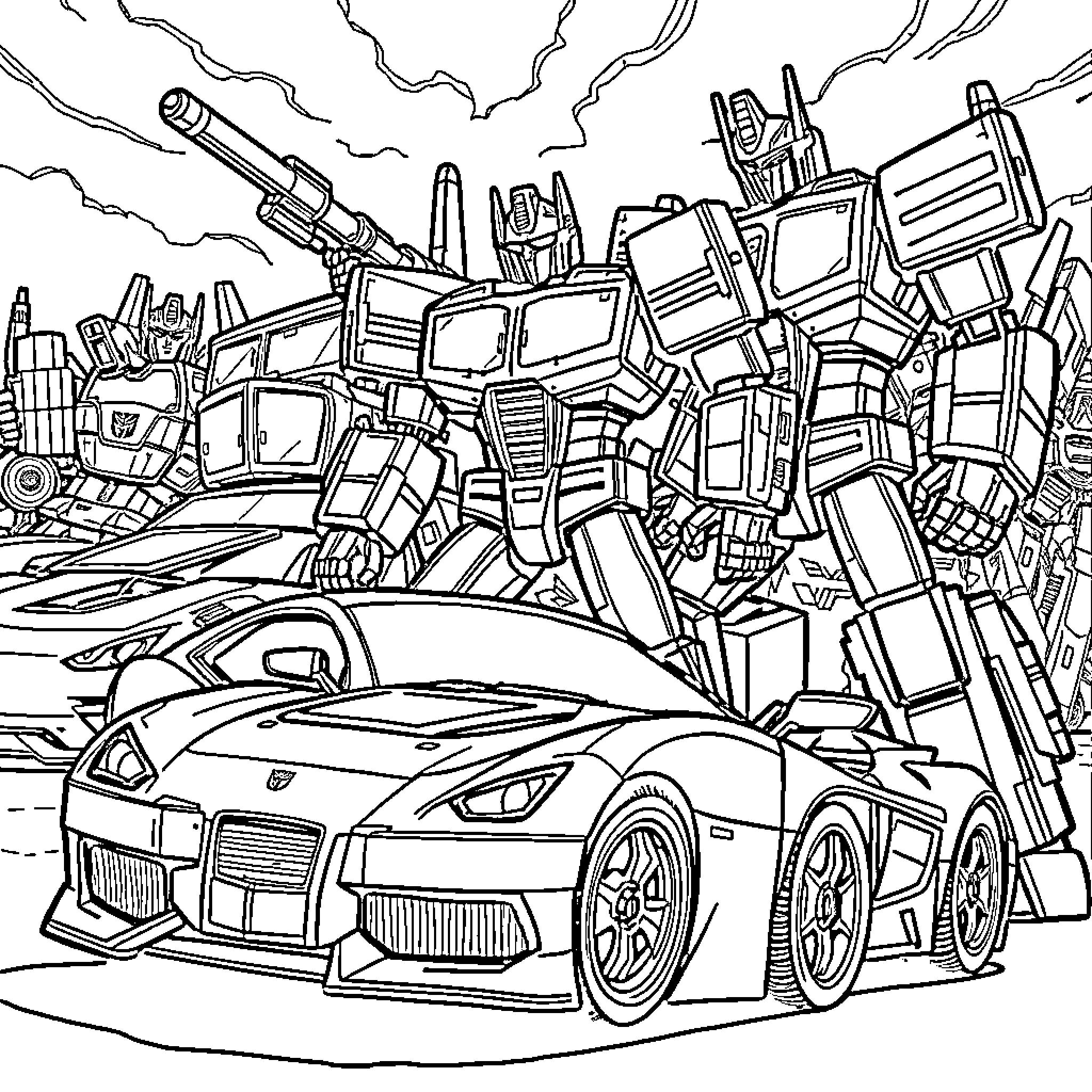Autobot Gearing Up for an Epic Showdown Coloring Page (free black-and-white line drawing printable PDF for all, from beginners to advanced learners, including children, teens, adults, and seniors)