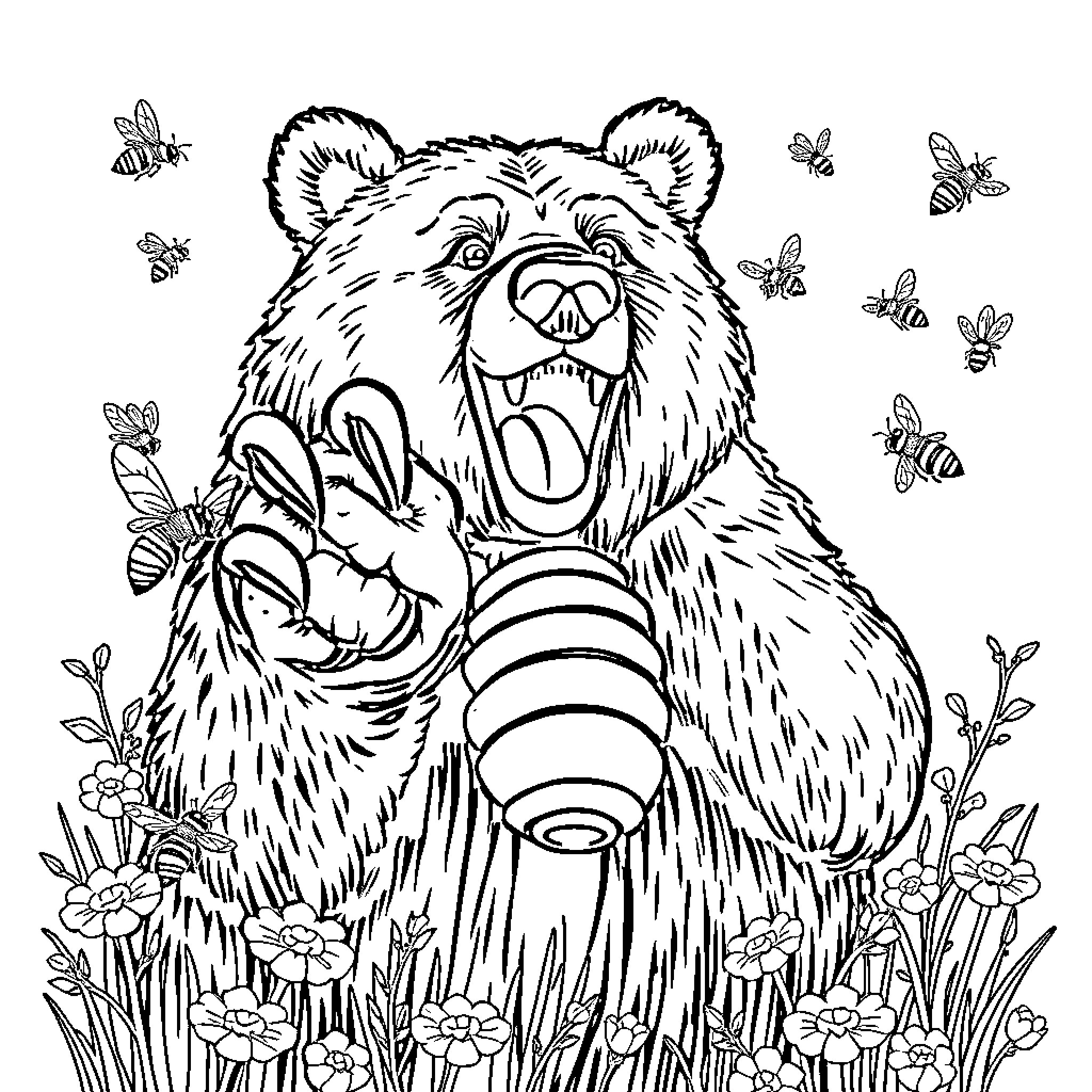 Bear surrounded by playful bees in a floral meadow Coloring Page (free black-and-white line drawing printable PDF for all, from beginners to advanced learners, including children, teens, adults, and seniors)