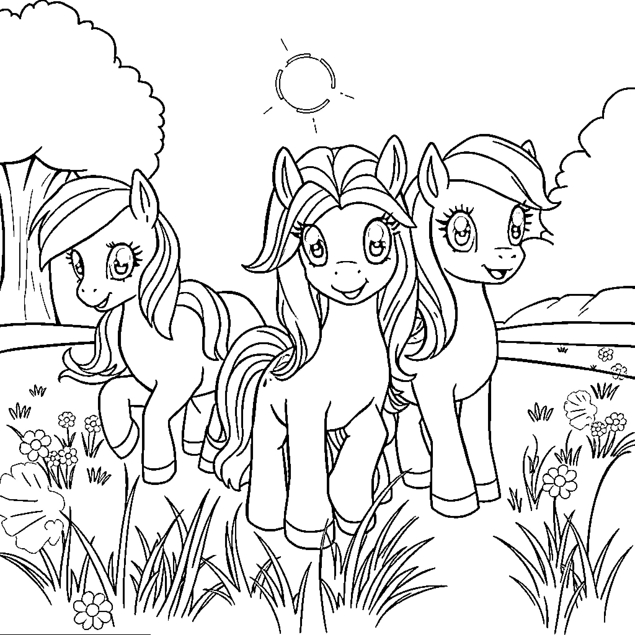 Pony friends explore the enchanted meadow Coloring Page (free black-and-white line drawing printable PDF for all, from beginners to advanced learners, including children, teens, adults, and seniors)