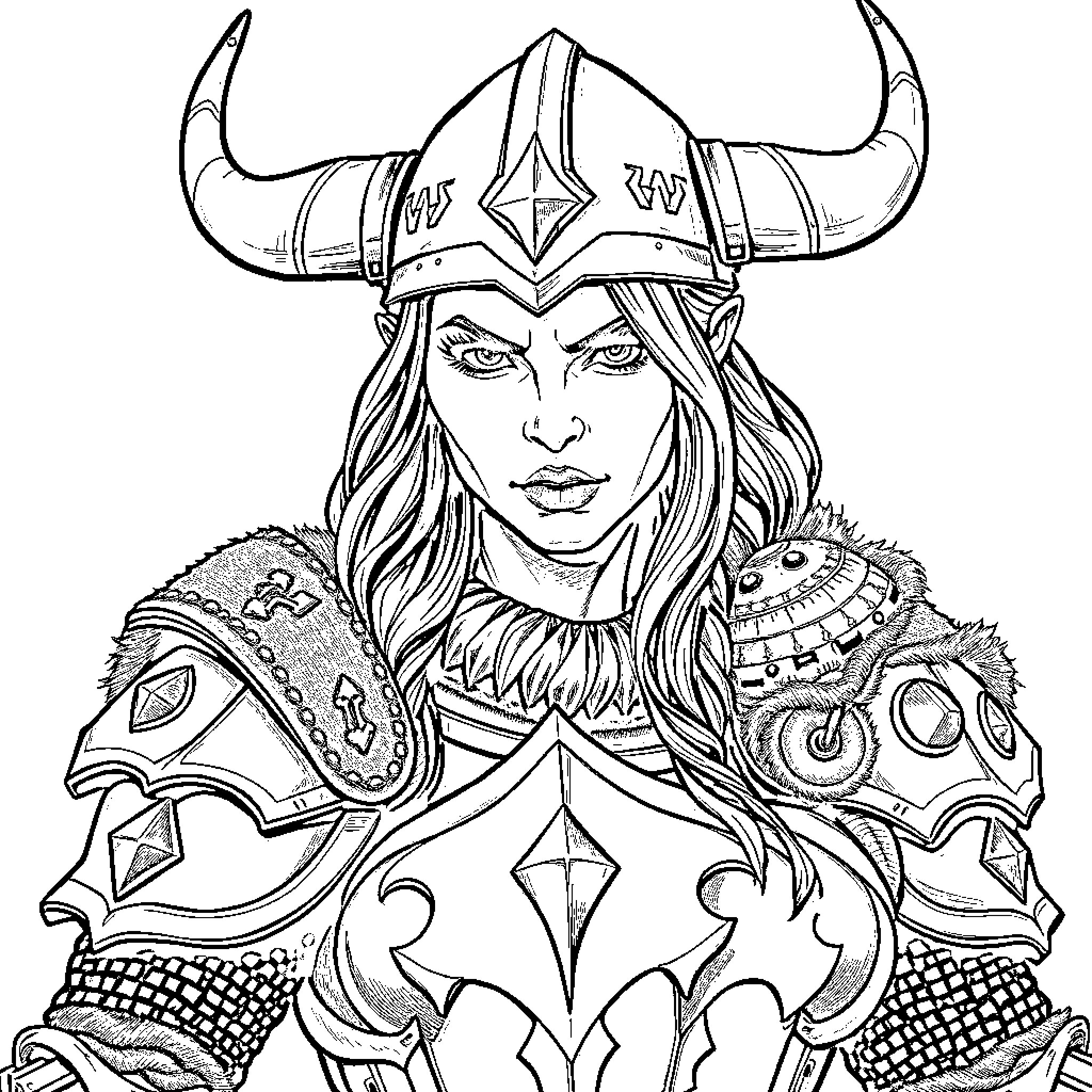 Woman in Ornate Warrior Armor and Helmet Coloring Page (free black-and-white line drawing printable PDF for all, from beginners to advanced learners, including children, teens, adults, and seniors)