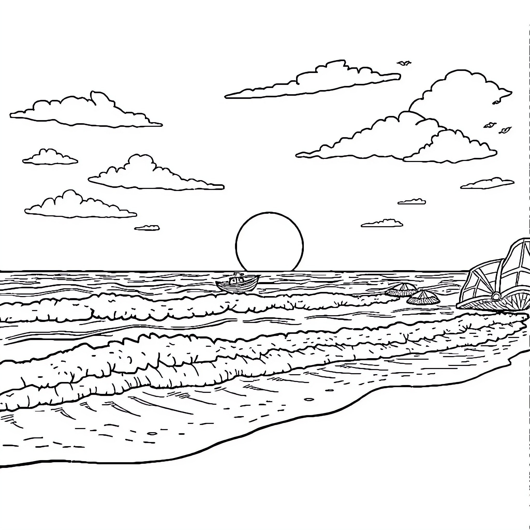 Lover's Sunset Sail Coloring Page (free black-and-white line drawing printable PDF for all, from beginners to advanced learners, including children, teens, adults, and seniors)