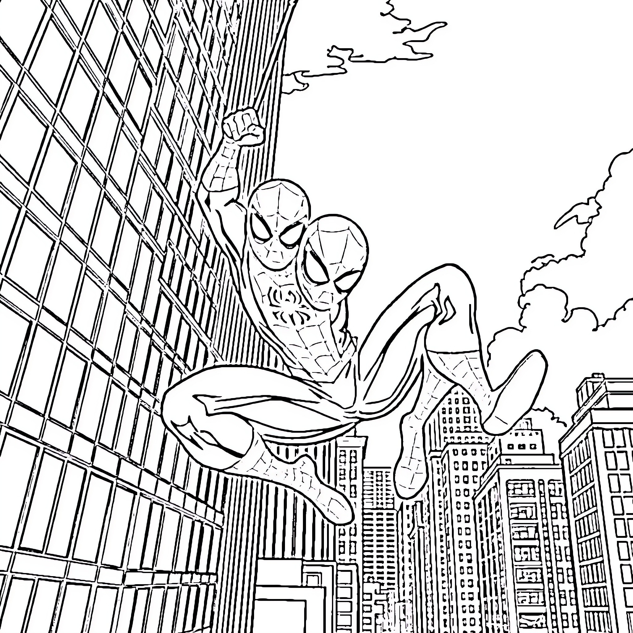 Spider-Man swinging through the city skyline Coloring Page (free black-and-white line drawing printable PDF for all, from beginners to advanced learners, including children, teens, adults, and seniors)