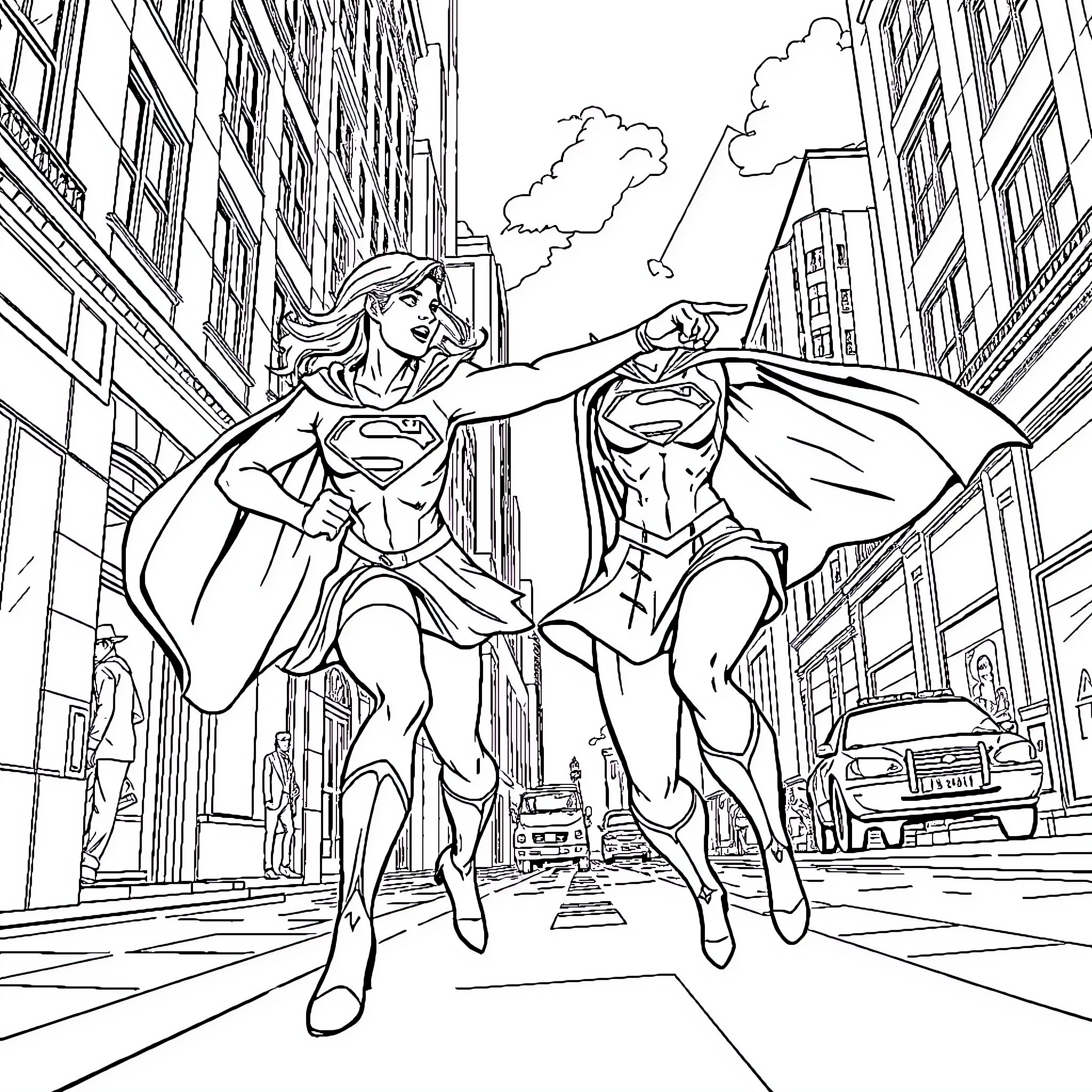 Supergirl and Superhero in Action City Scene Coloring Page (free black-and-white line drawing printable PDF for all, from beginners to advanced learners, including children, teens, adults, and seniors)