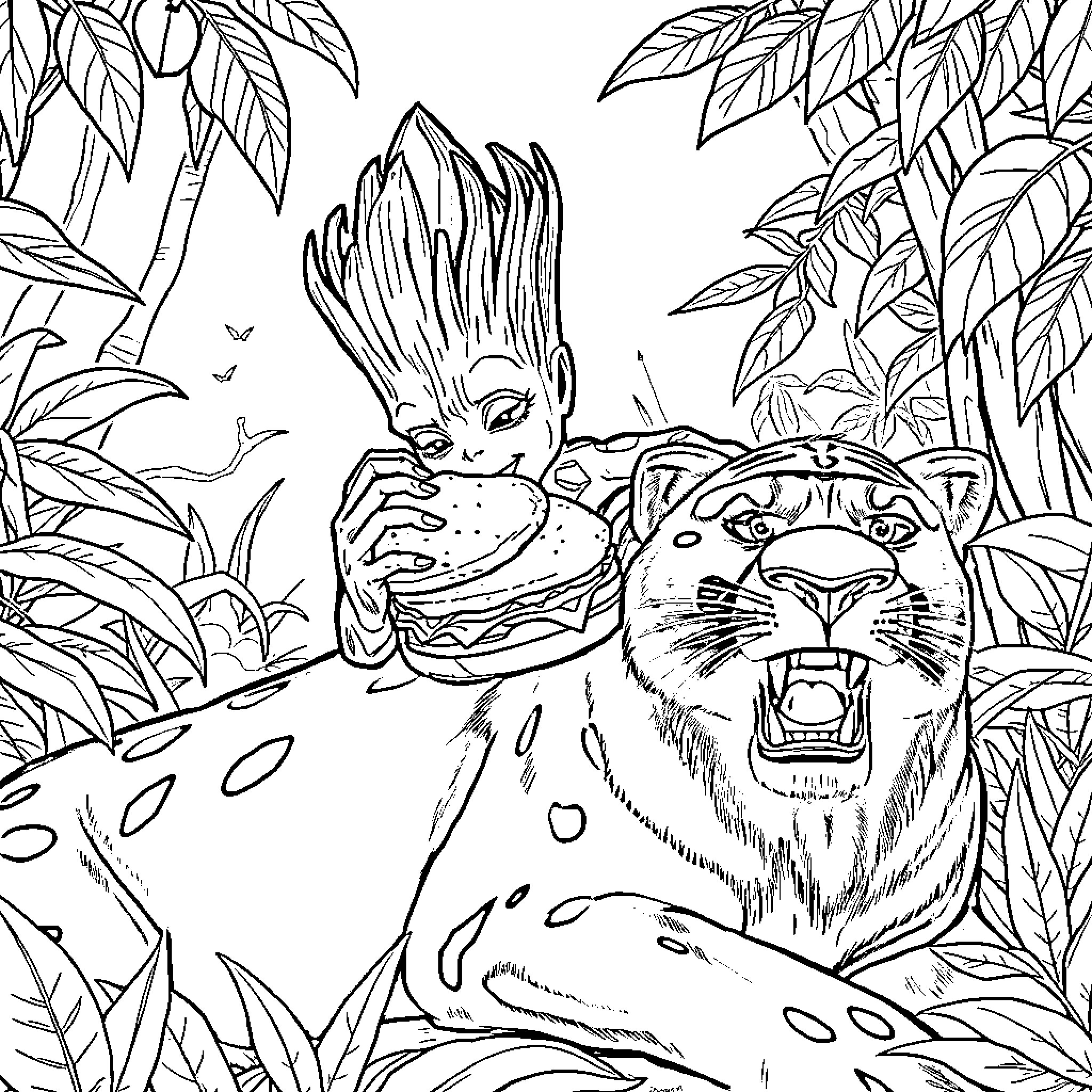 Groot exploring the jungle with friends Coloring Page (free black-and-white line drawing printable PDF for all, from beginners to advanced learners, including children, teens, adults, and seniors)