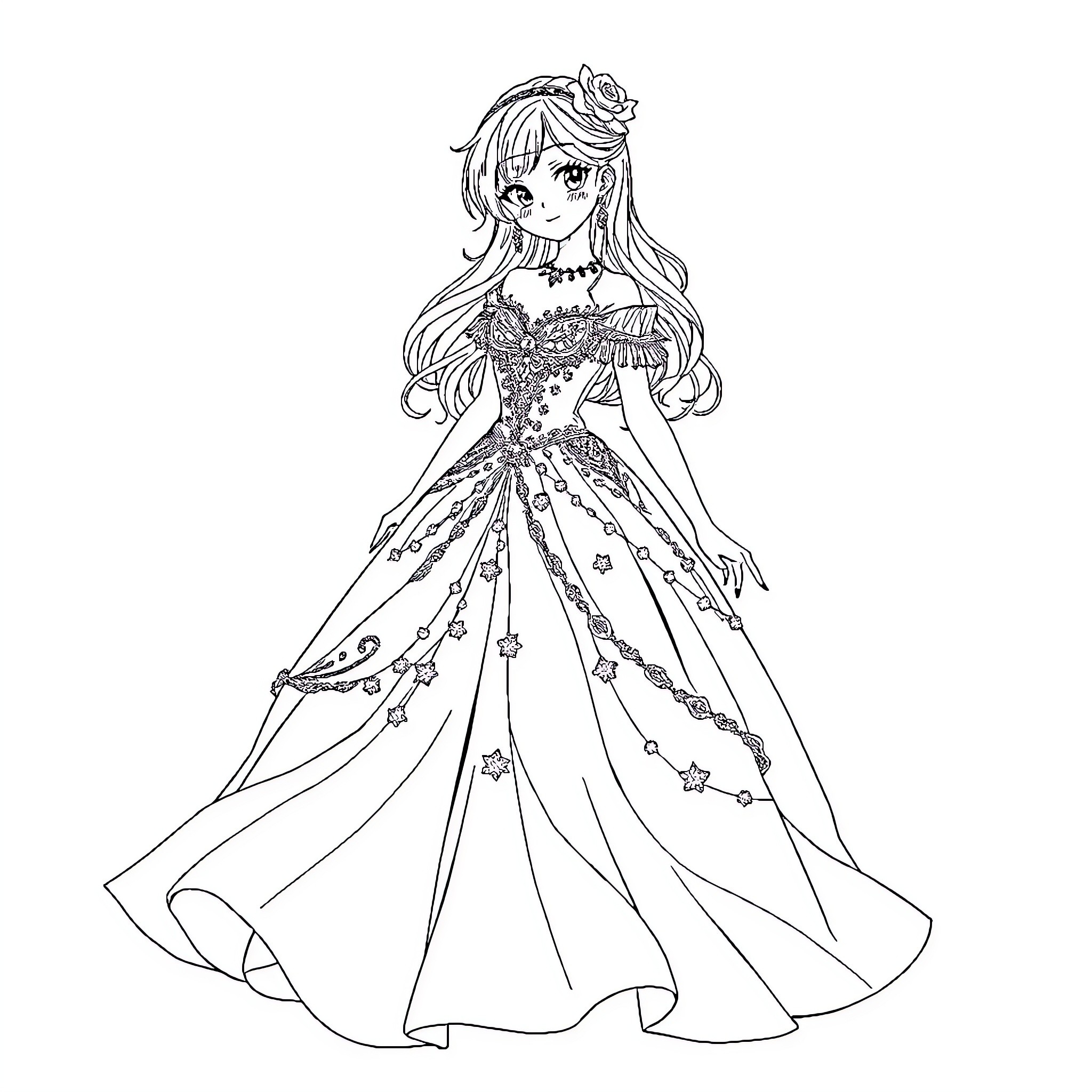Anime Girl in Elaborate Princess Gown Coloring Page (free black-and-white line drawing printable PDF for all, from beginners to advanced learners, including children, teens, adults, and seniors)