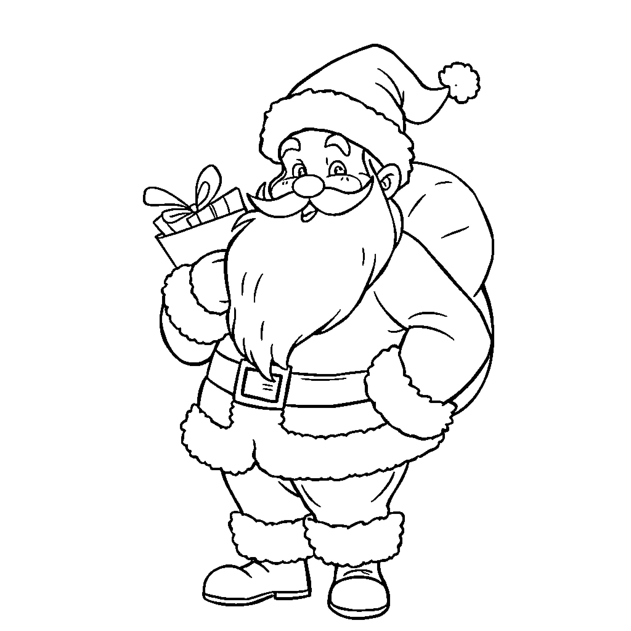 Santa delivering gifts with a jolly expression Coloring Page (free black-and-white line drawing printable PDF for all, from beginners to advanced learners, including children, teens, adults, and seniors)