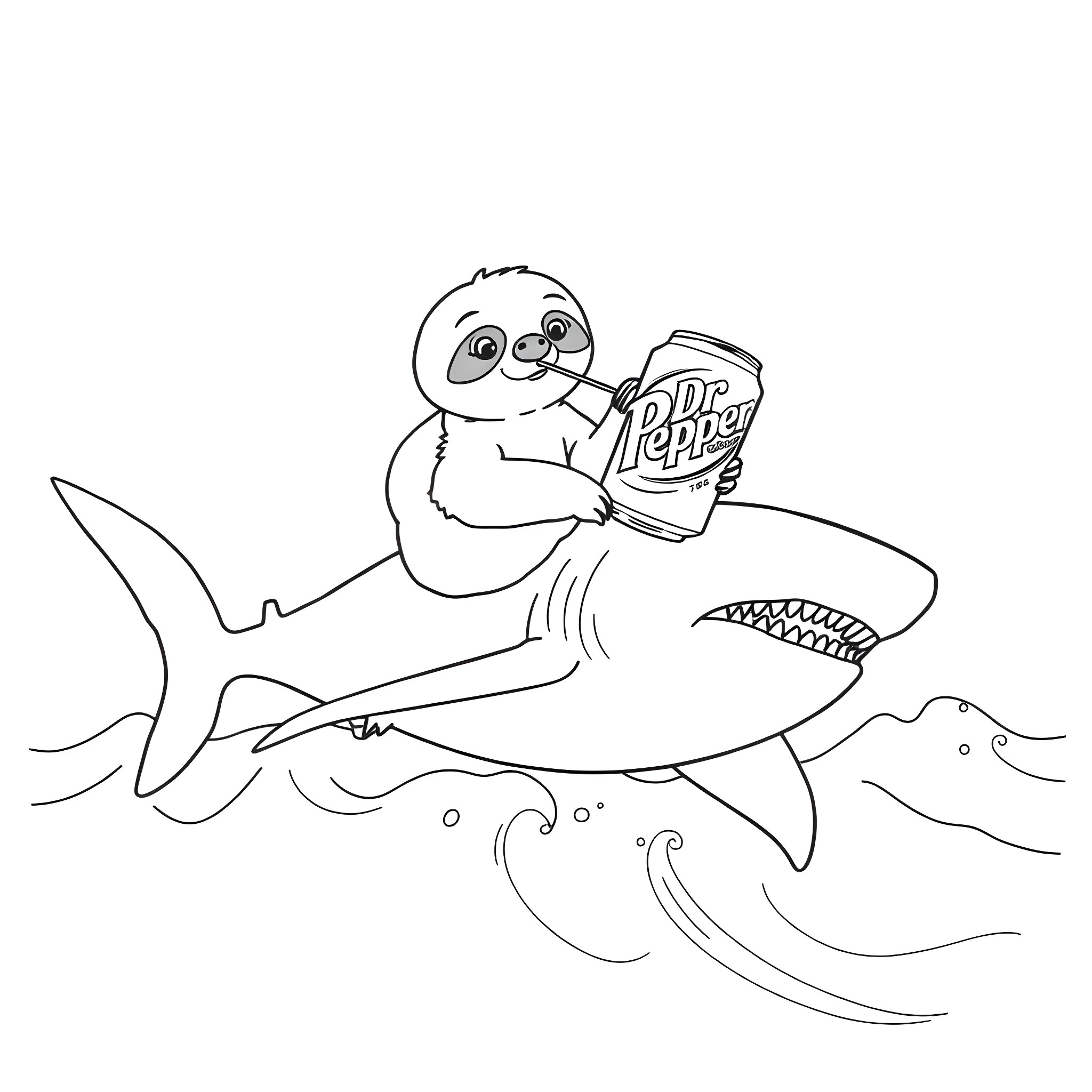 Sloth riding a shark while drinking soda Coloring Page (free black-and-white line drawing printable PDF for all, from beginners to advanced learners, including children, teens, adults, and seniors)