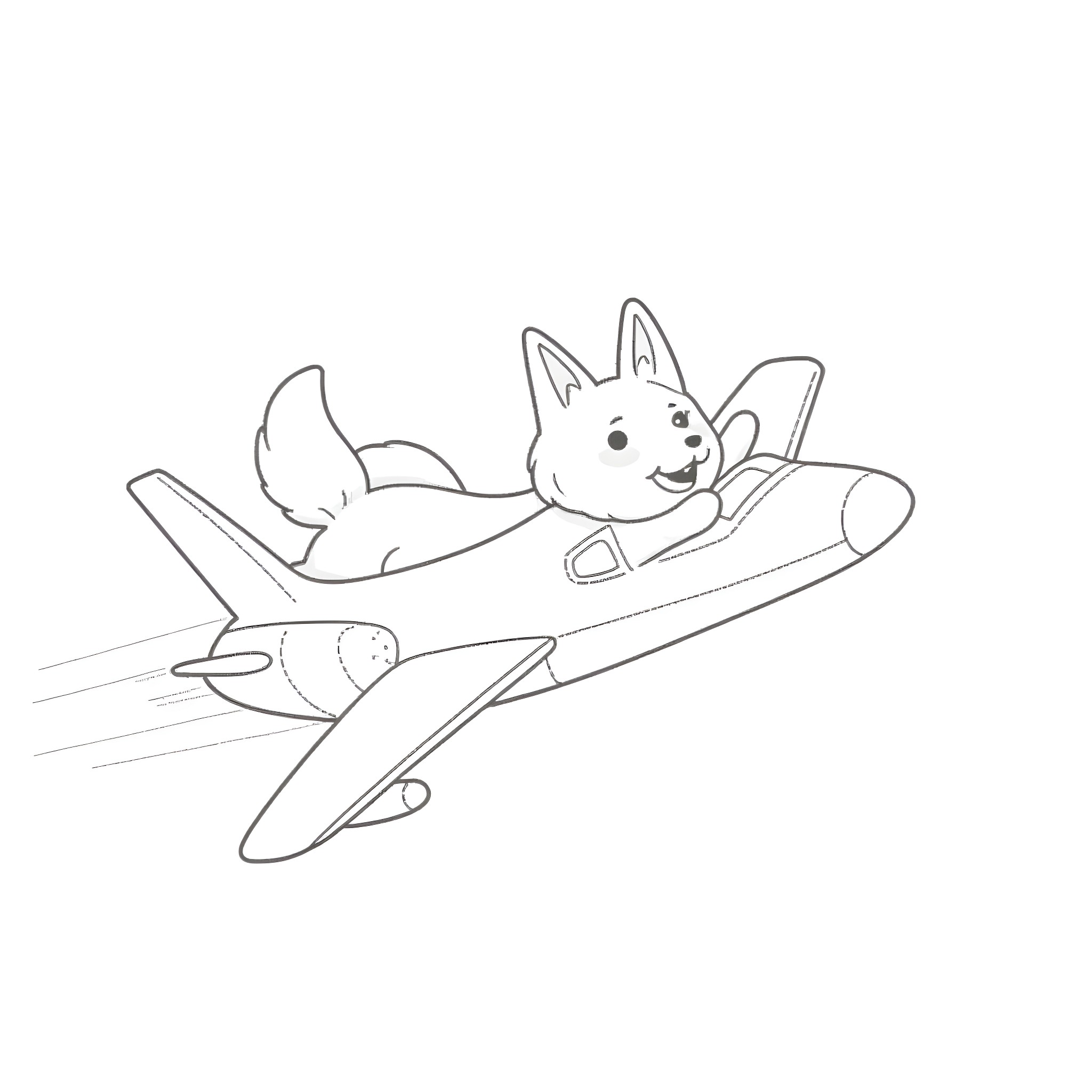 Shiba Inu flying in a plane happily Coloring Page (free black-and-white line drawing printable PDF for all, from beginners to advanced learners, including children, teens, adults, and seniors)