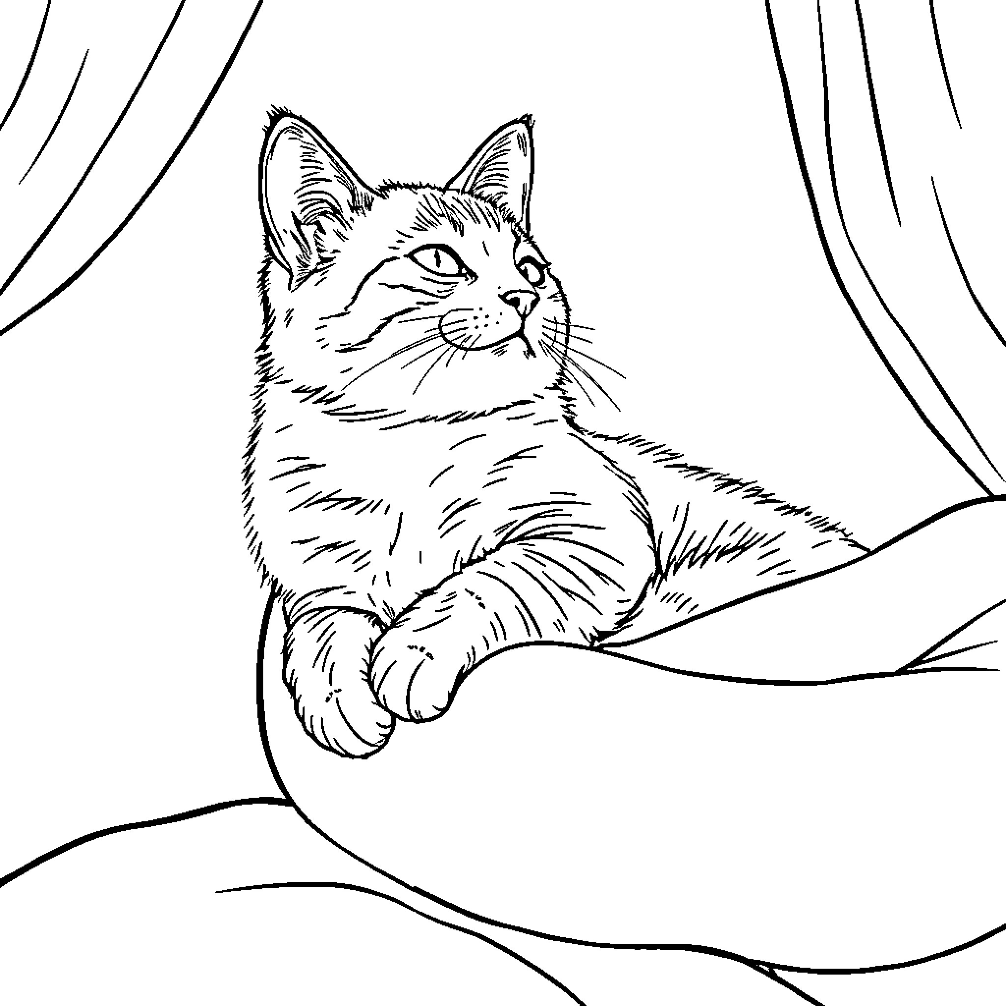Cat resting peacefully on a bed Coloring Page (free black-and-white line drawing printable PDF for all, from beginners to advanced learners, including children, teens, adults, and seniors)