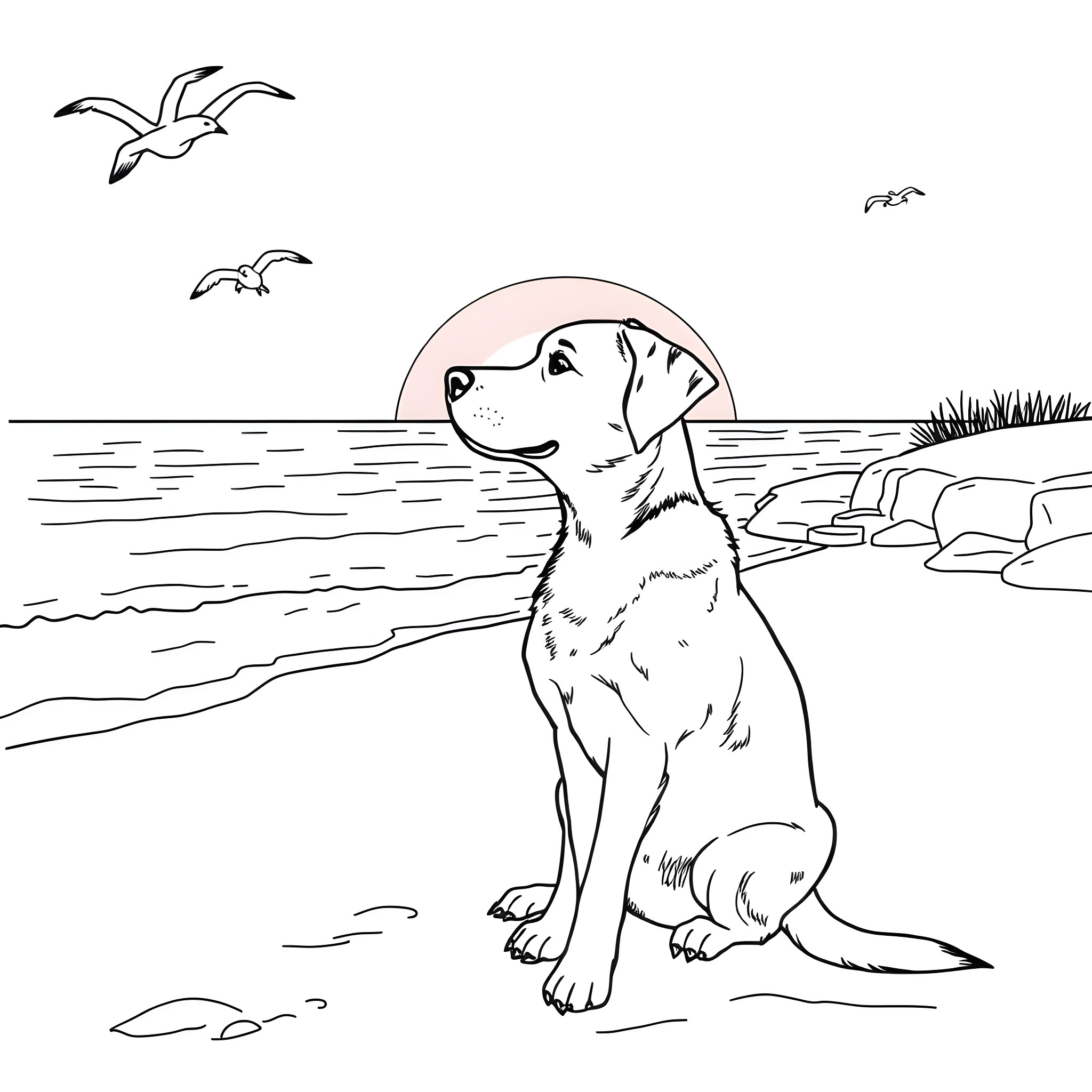 Dog sitting on the beach watching sunset Coloring Page (free black-and-white line drawing printable PDF for all, from beginners to advanced learners, including children, teens, adults, and seniors)