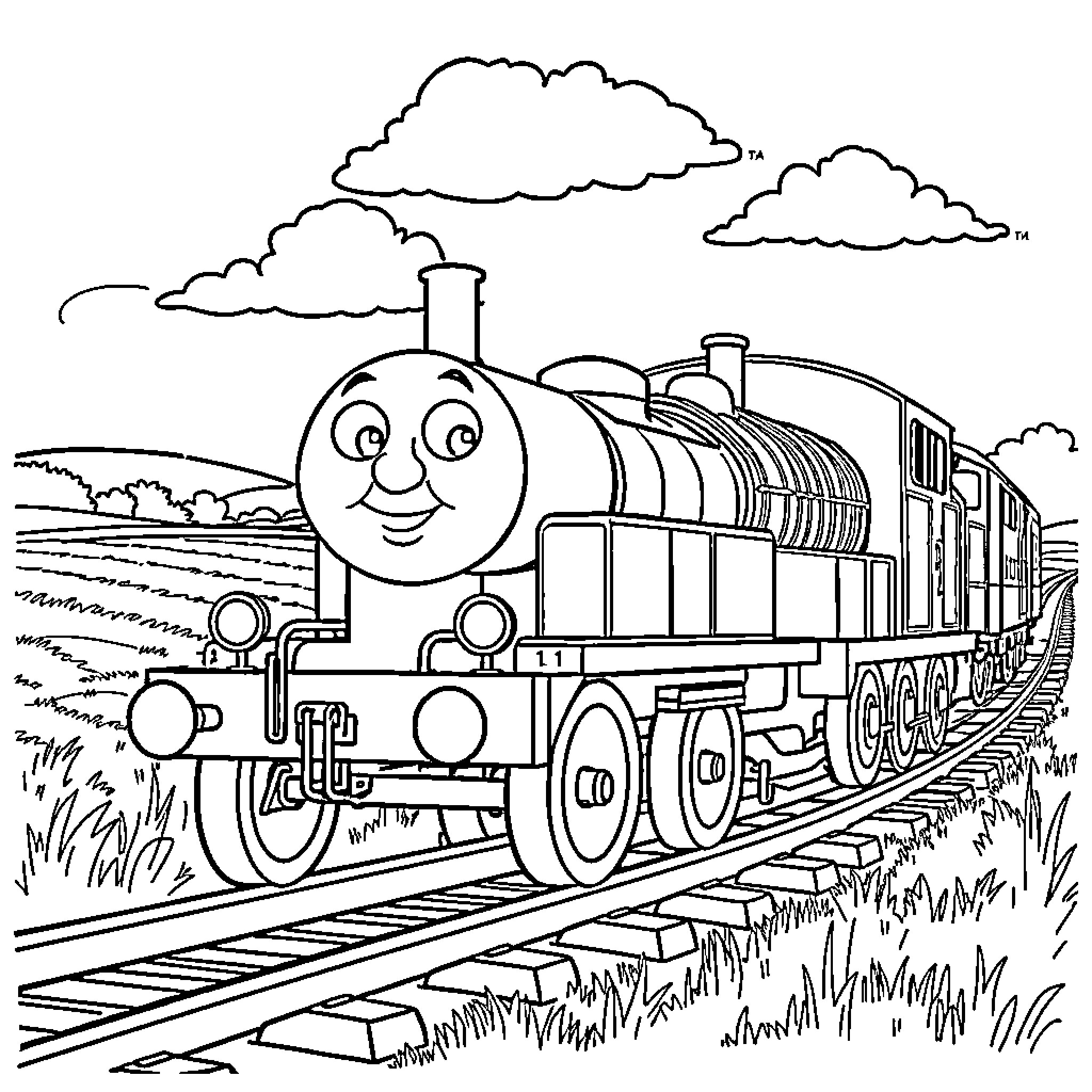 Tractor-like train chugging through the countryside Coloring Page (free black-and-white line drawing printable PDF for all, from beginners to advanced learners, including children, teens, adults, and seniors)