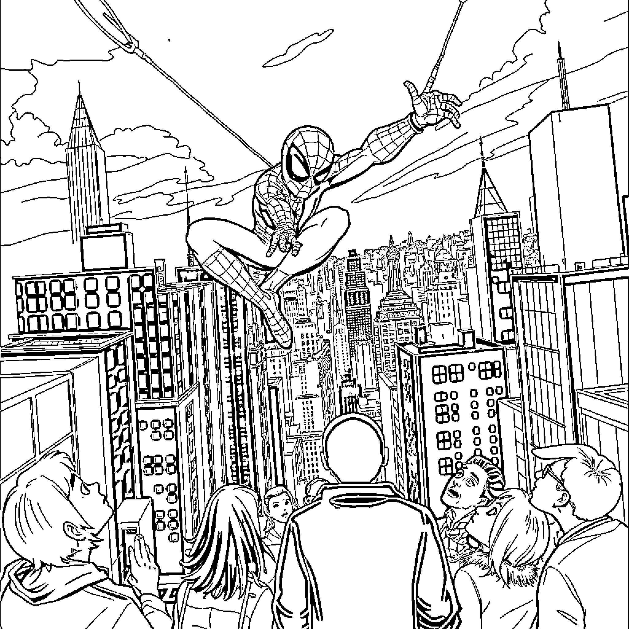 Spiderman swinging through the cityscape with onlookers Coloring Page (free black-and-white line drawing printable PDF for all, from beginners to advanced learners, including children, teens, adults, and seniors)