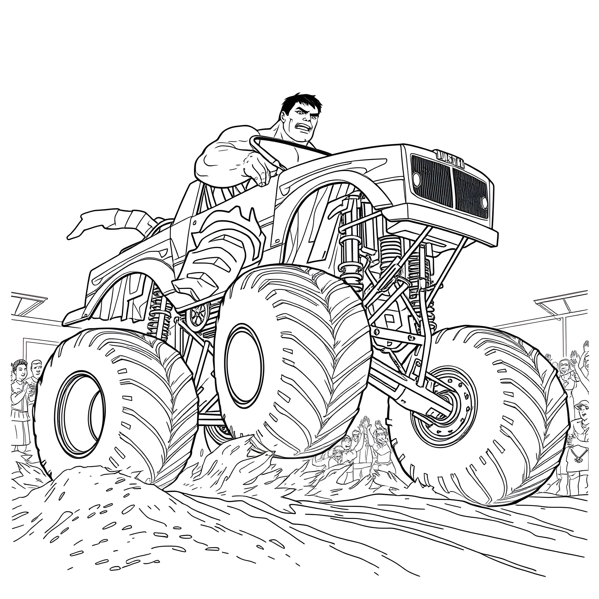 Hulk Crushes Monster Truck in Action-Packed Scene Coloring Page (free black-and-white line drawing printable PDF for all, from beginners to advanced learners, including children, teens, adults, and seniors)