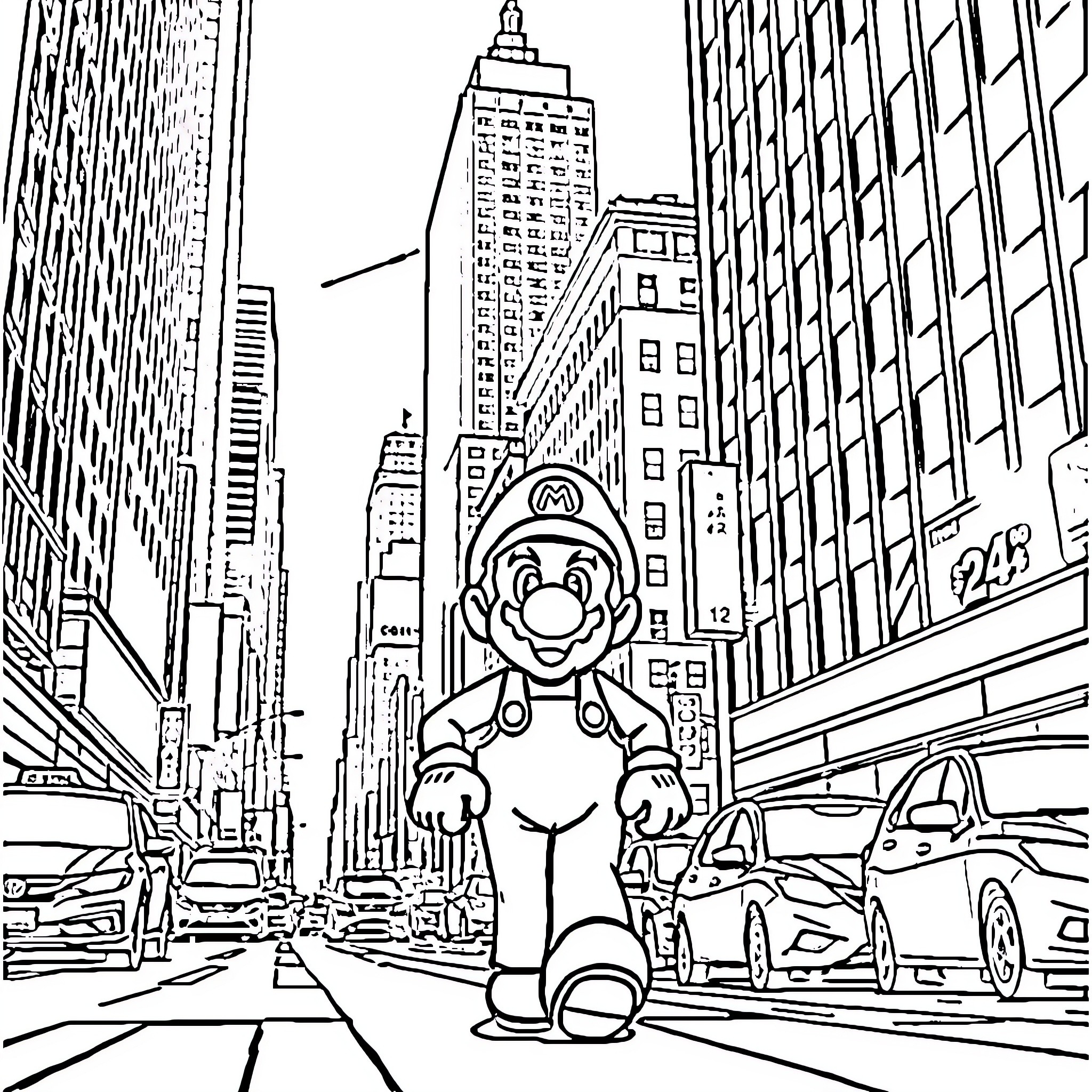 Mario exploring the vibrant cityscape Coloring Page (free black-and-white line drawing printable PDF for all, from beginners to advanced learners, including children, teens, adults, and seniors)