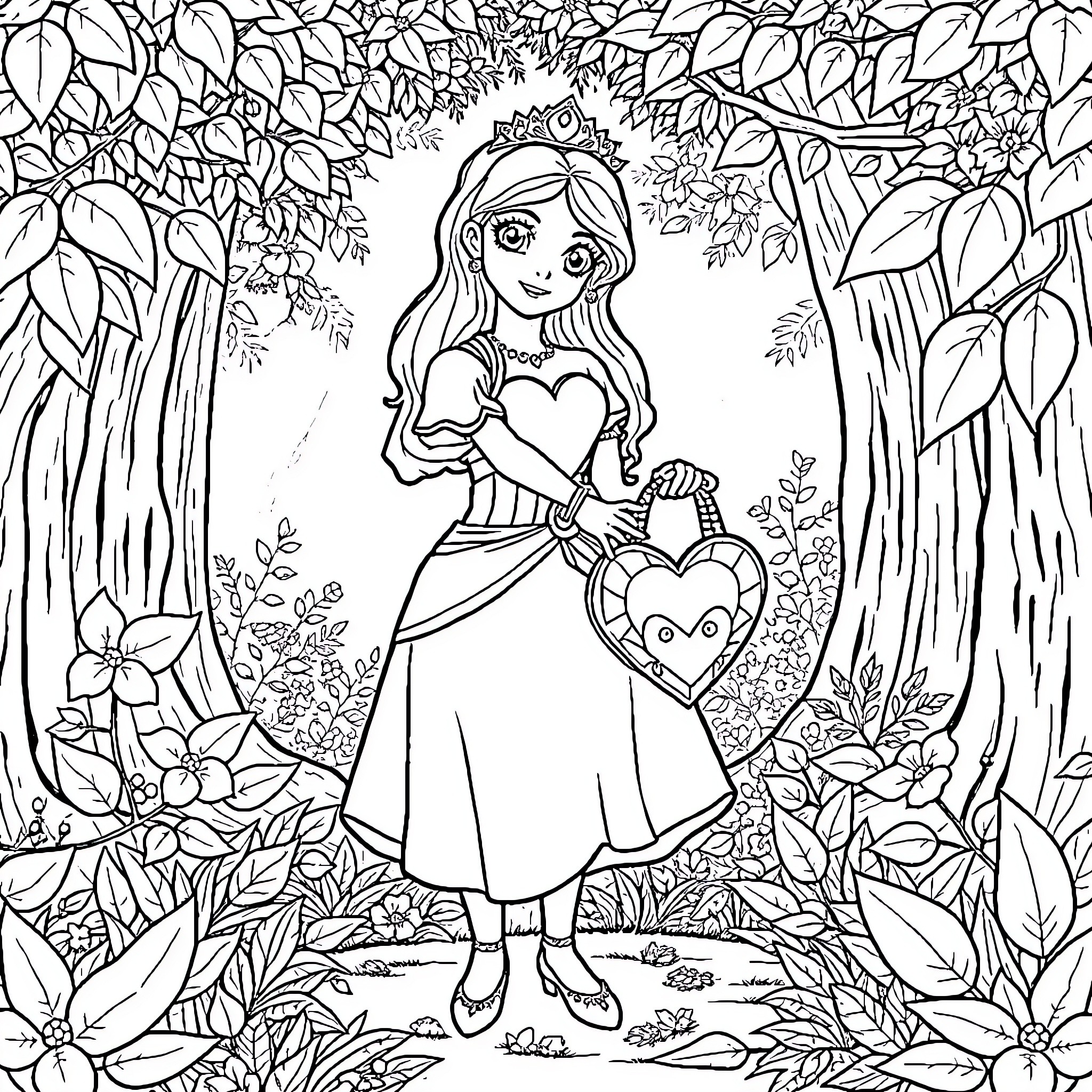 Princess in a Lush Garden Coloring Page (free black-and-white line drawing printable PDF for all, from beginners to advanced learners, including children, teens, adults, and seniors)