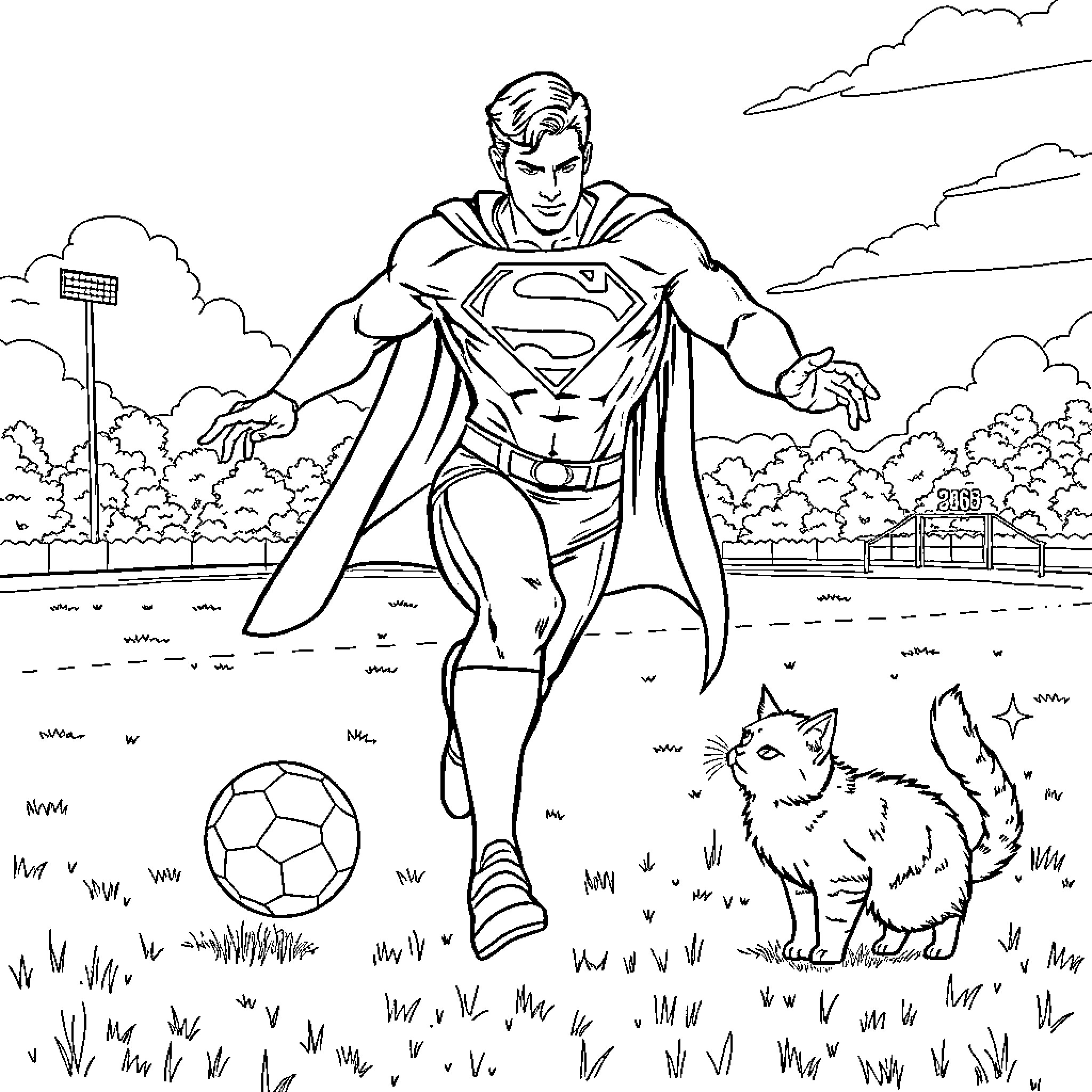 Superman playing with a cat in the park Coloring Page (free black-and-white line drawing printable PDF for all, from beginners to advanced learners, including children, teens, adults, and seniors)