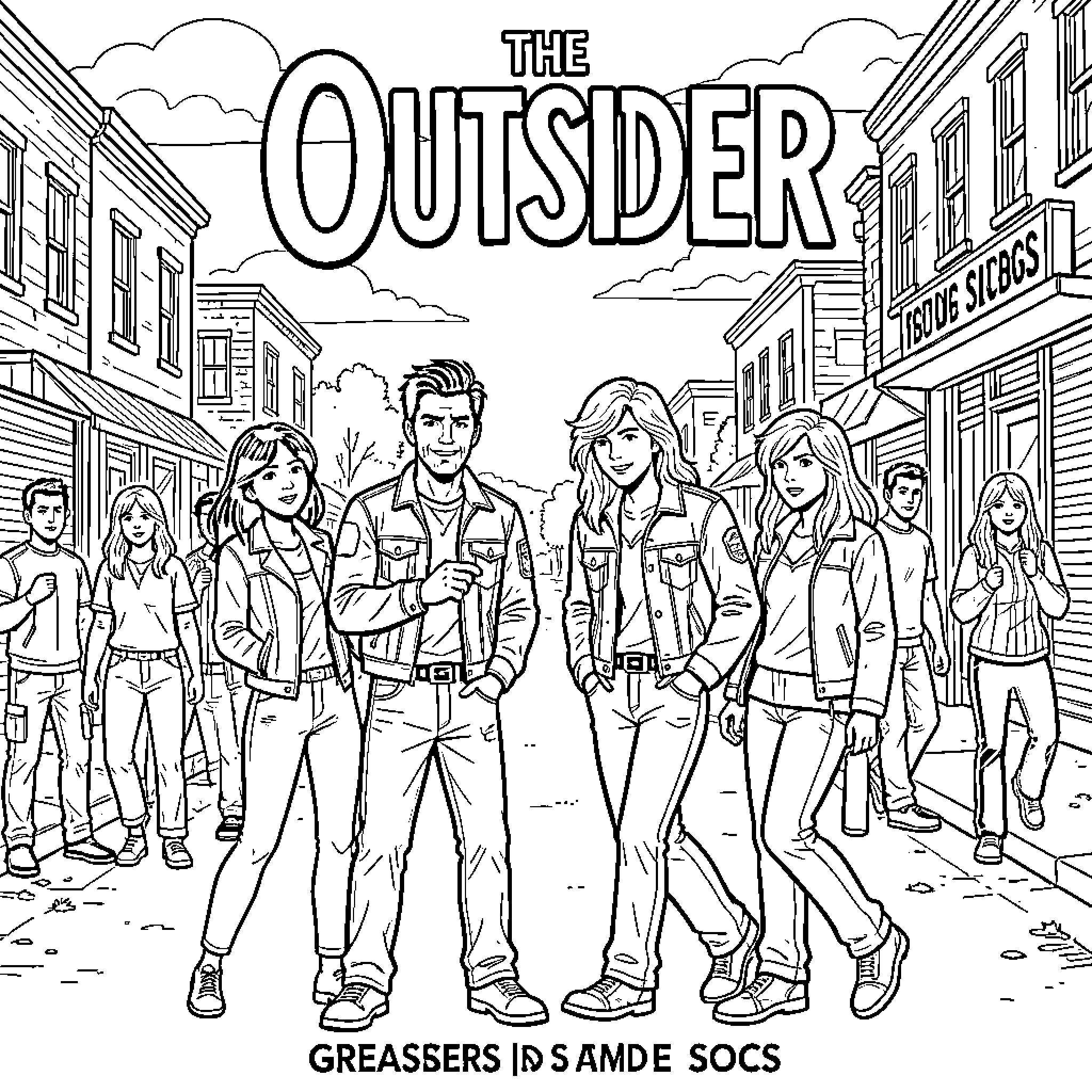 Outsider group posing on the street Coloring Page (free black-and-white line drawing printable PDF for all, from beginners to advanced learners, including children, teens, adults, and seniors)