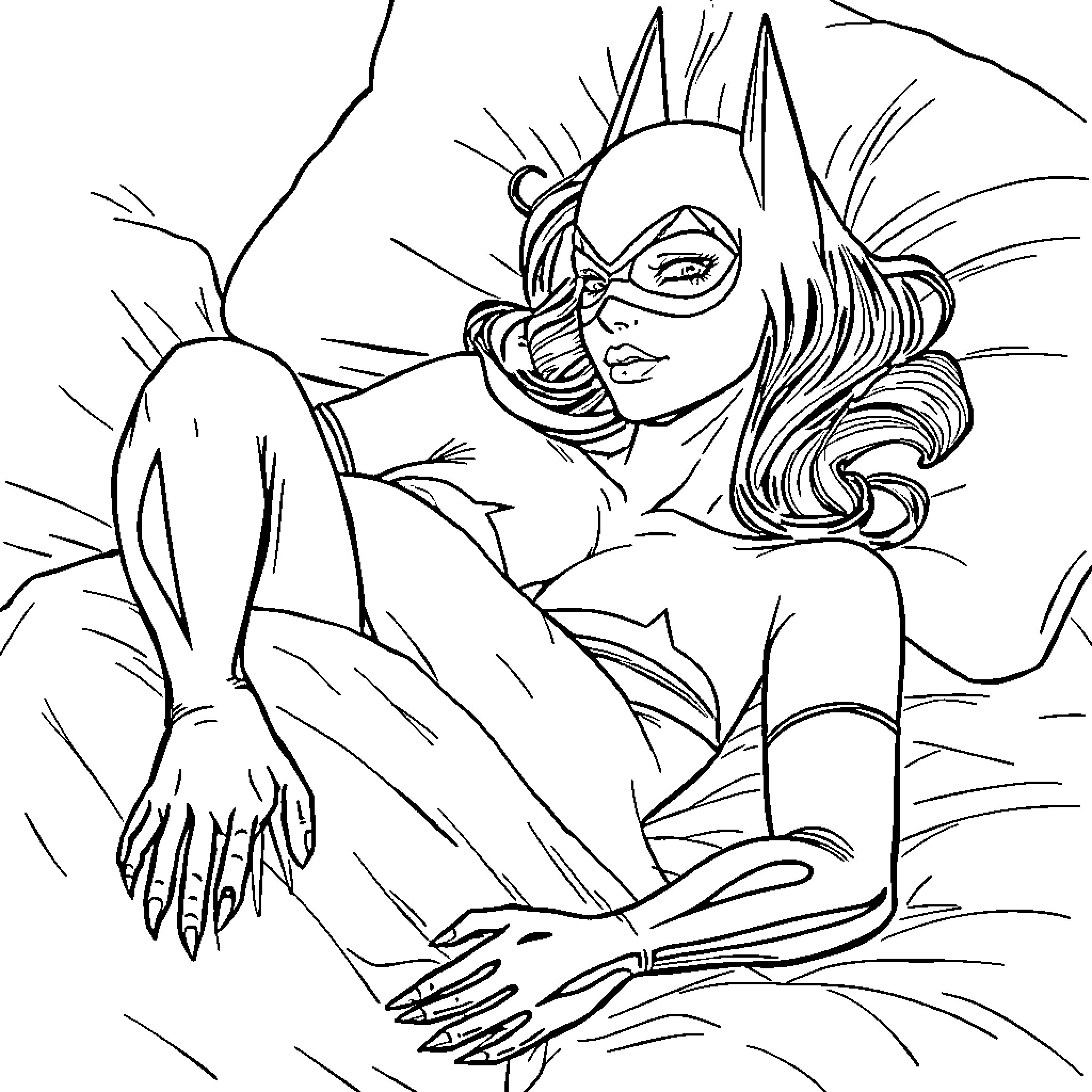 Batwoman in action pose Coloring Page (free black-and-white line drawing printable PDF for all, from beginners to advanced learners, including children, teens, adults, and seniors)