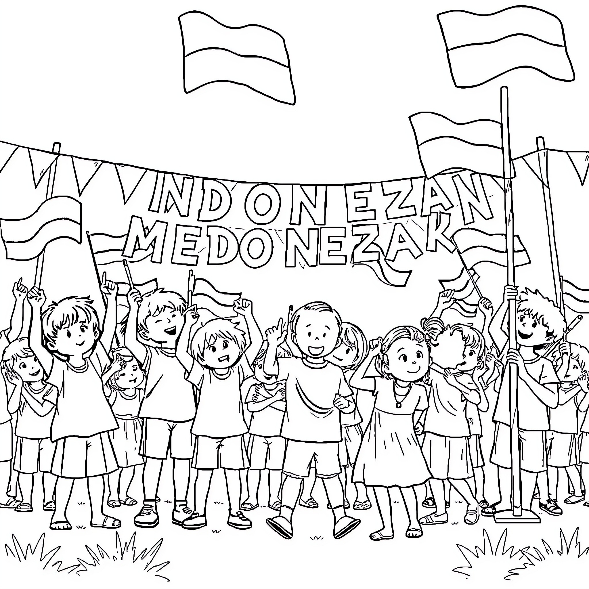 Children celebrating and waving flags Coloring Page (free black-and-white line drawing printable PDF for all, from beginners to advanced learners, including children, teens, adults, and seniors)