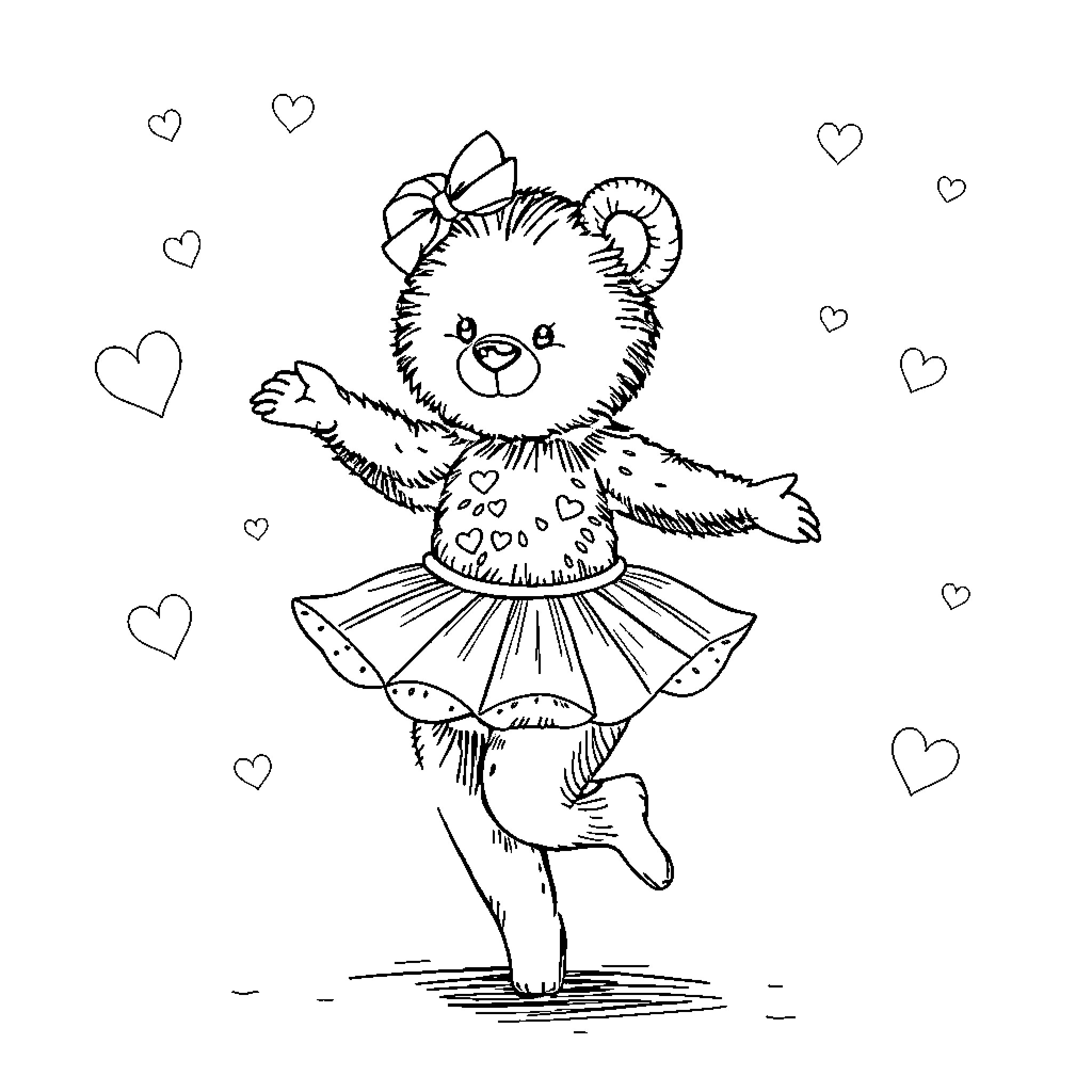 Bear dancing playfully with a bow Coloring Page (free black-and-white line drawing printable PDF for all, from beginners to advanced learners, including children, teens, adults, and seniors)