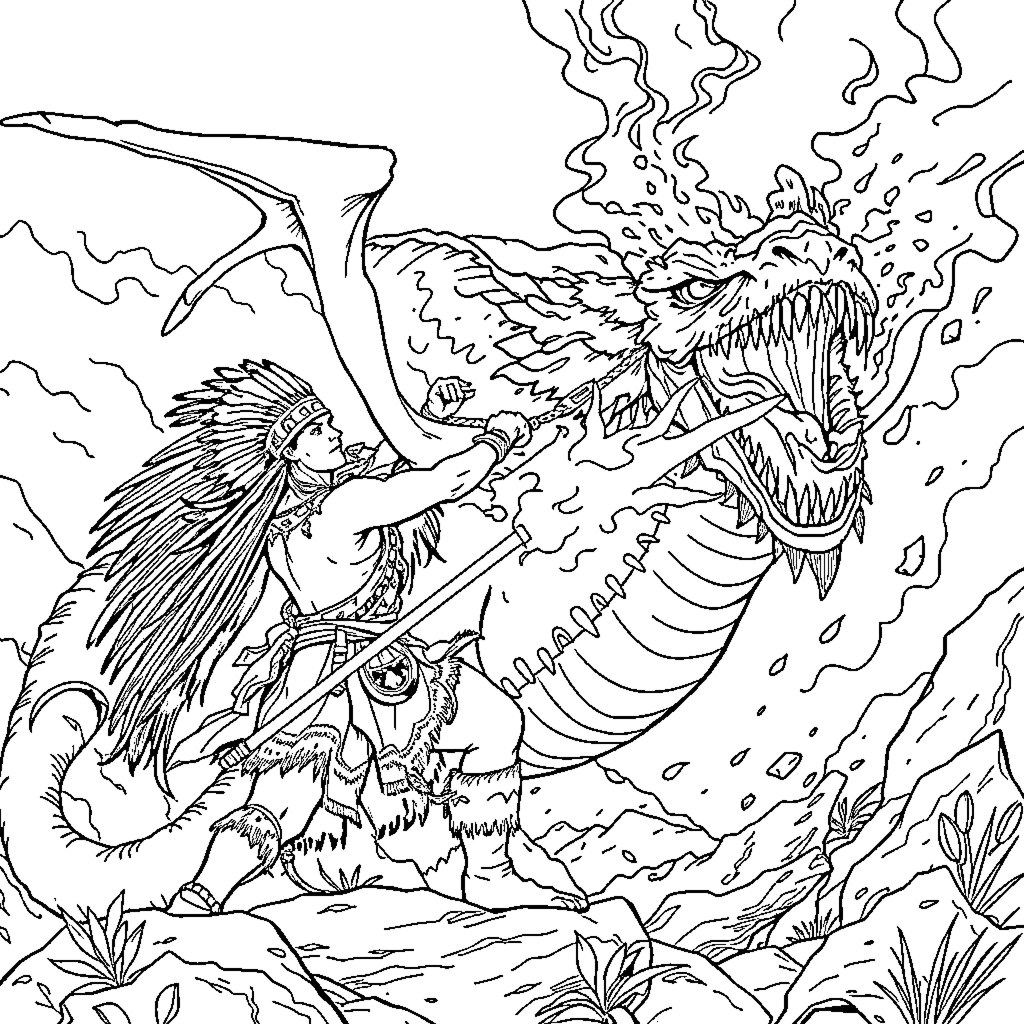 Native American warrior battling mythical beast in wilderness Coloring Page (free black-and-white line drawing printable PDF for all, from beginners to advanced learners, including children, teens, adults, and seniors)