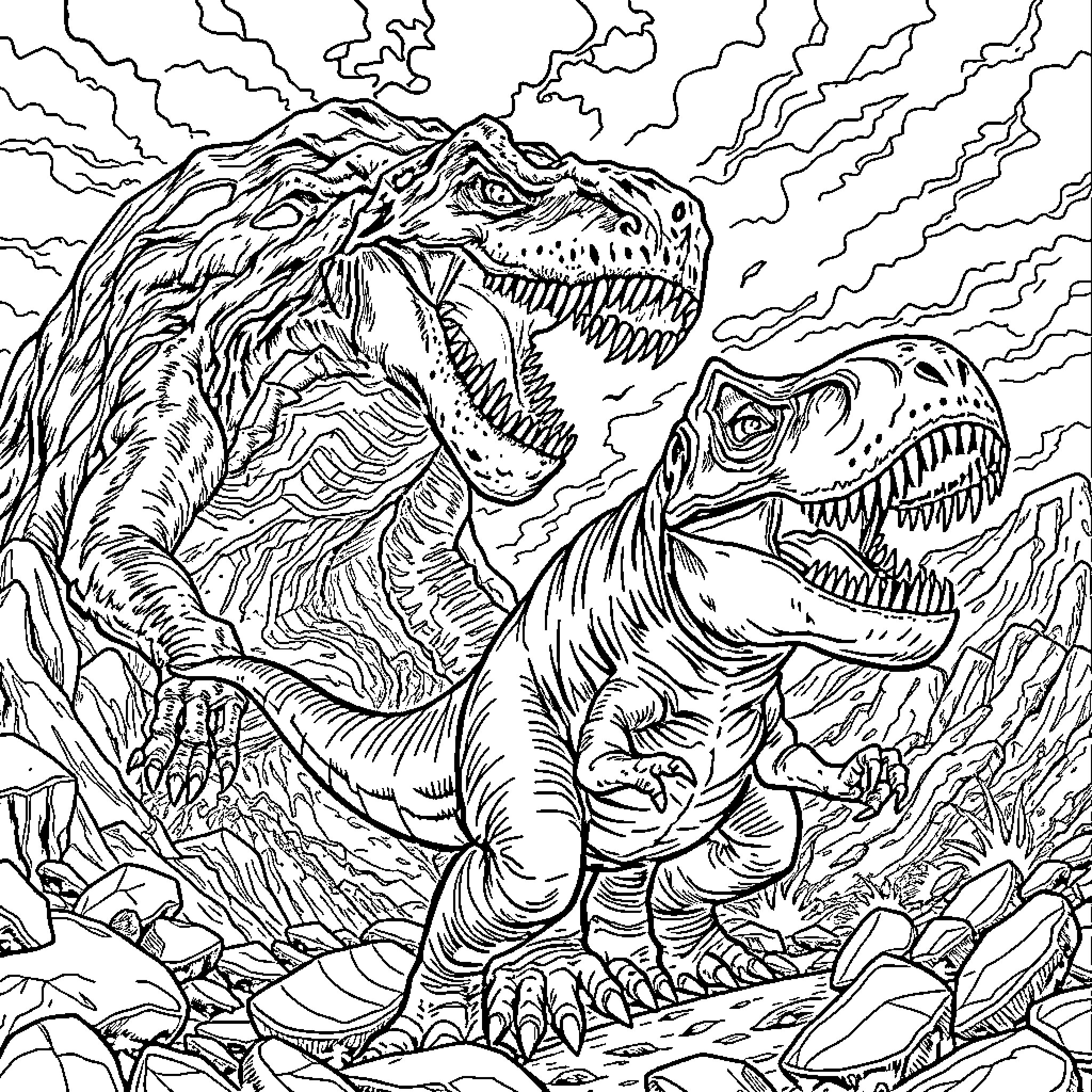 Lava Monster Dinosaurs Battling in Stormy Landscape Coloring Page (free black-and-white line drawing printable PDF for all, from beginners to advanced learners, including children, teens, adults, and seniors)