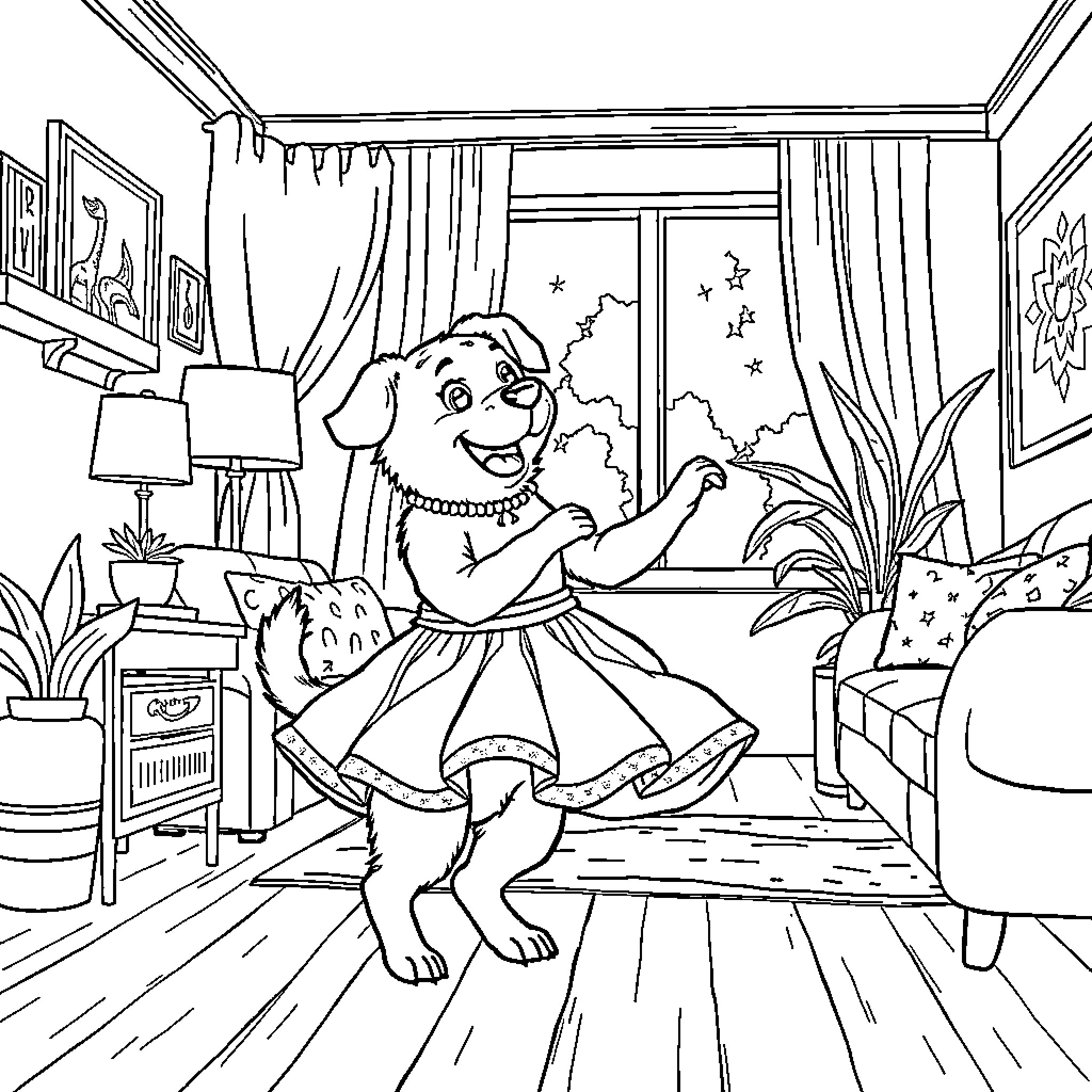 Dog dancing in a cozy room Coloring Page (free black-and-white line drawing printable PDF for all, from beginners to advanced learners, including children, teens, adults, and seniors)