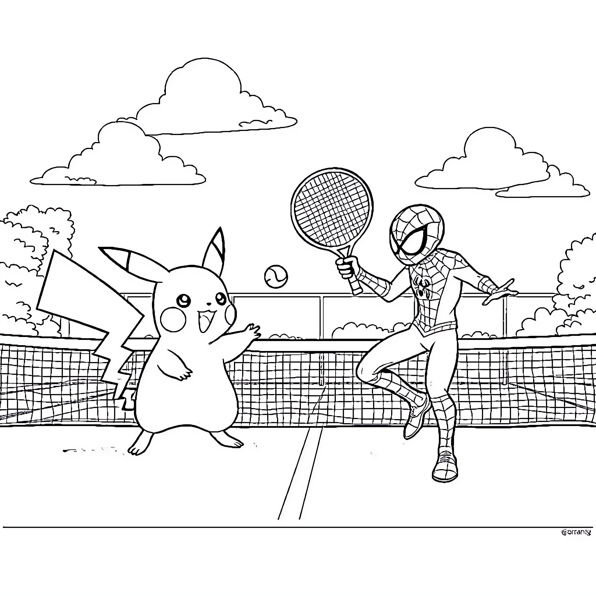 Pikachu and Spiderman playing tennis on the court Coloring Page (free black-and-white line drawing printable PDF for all, from beginners to advanced learners, including children, teens, adults, and seniors)