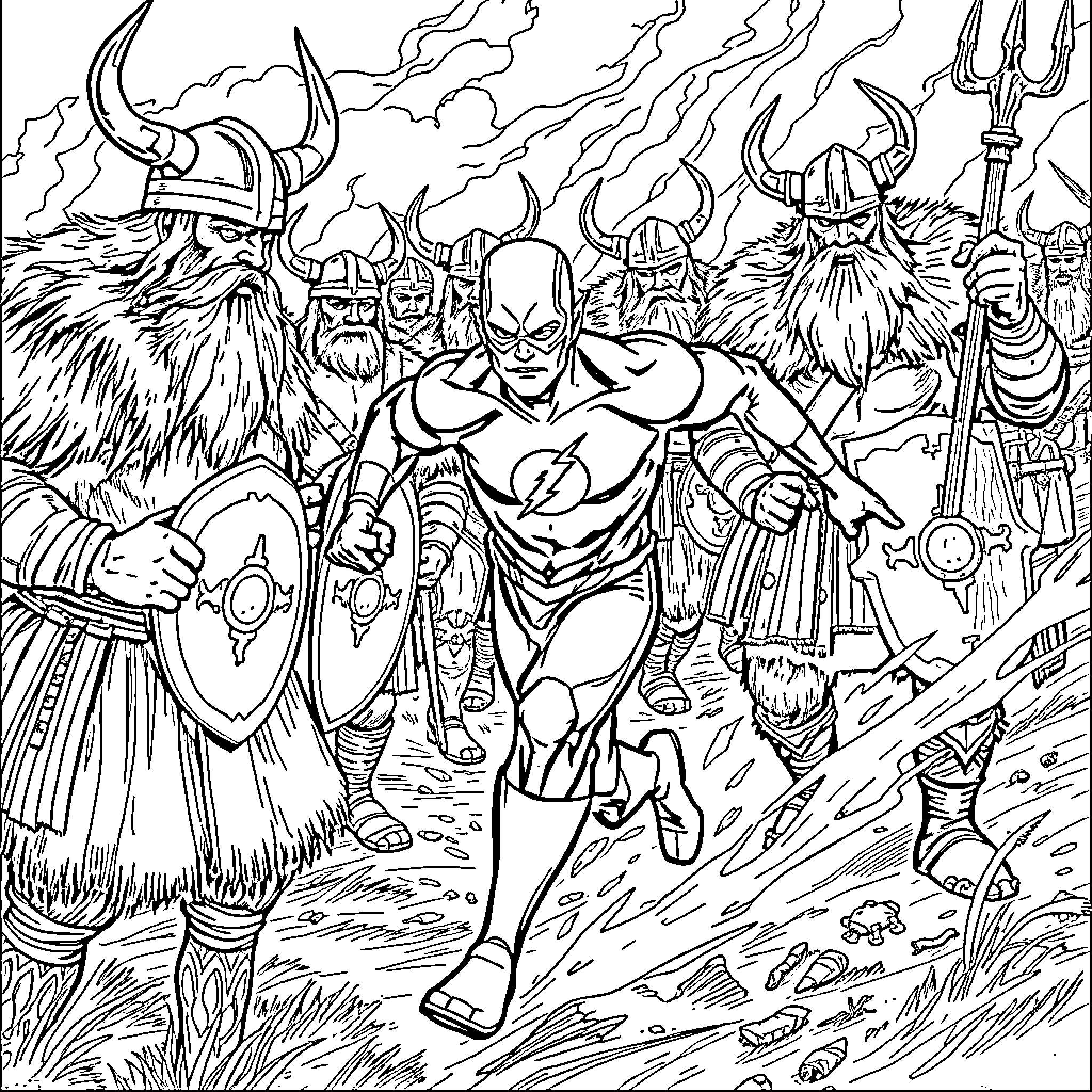 Flash Charging into Battle with Fierce Warriors Coloring Page (free black-and-white line drawing printable PDF for all, from beginners to advanced learners, including children, teens, adults, and seniors)