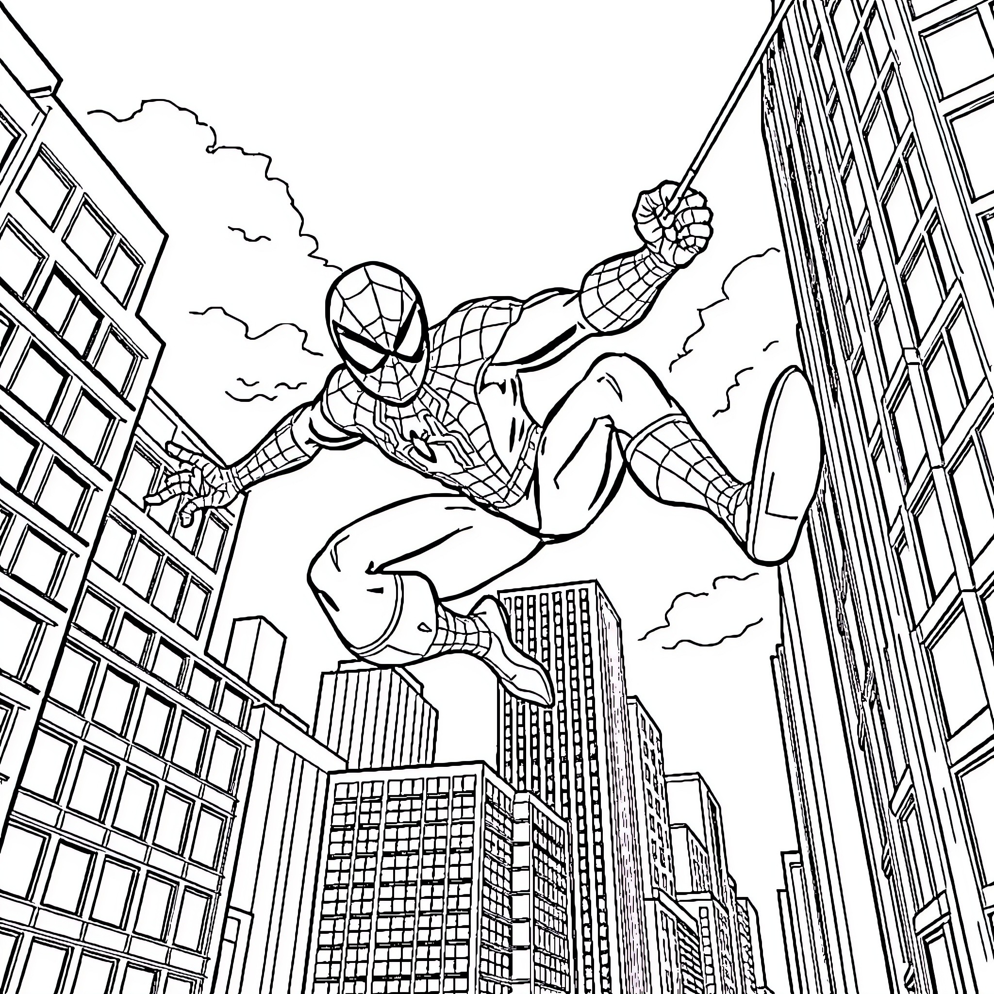 Spiderman swinging through the city skyline Coloring Page (free black-and-white line drawing printable PDF for all, from beginners to advanced learners, including children, teens, adults, and seniors)